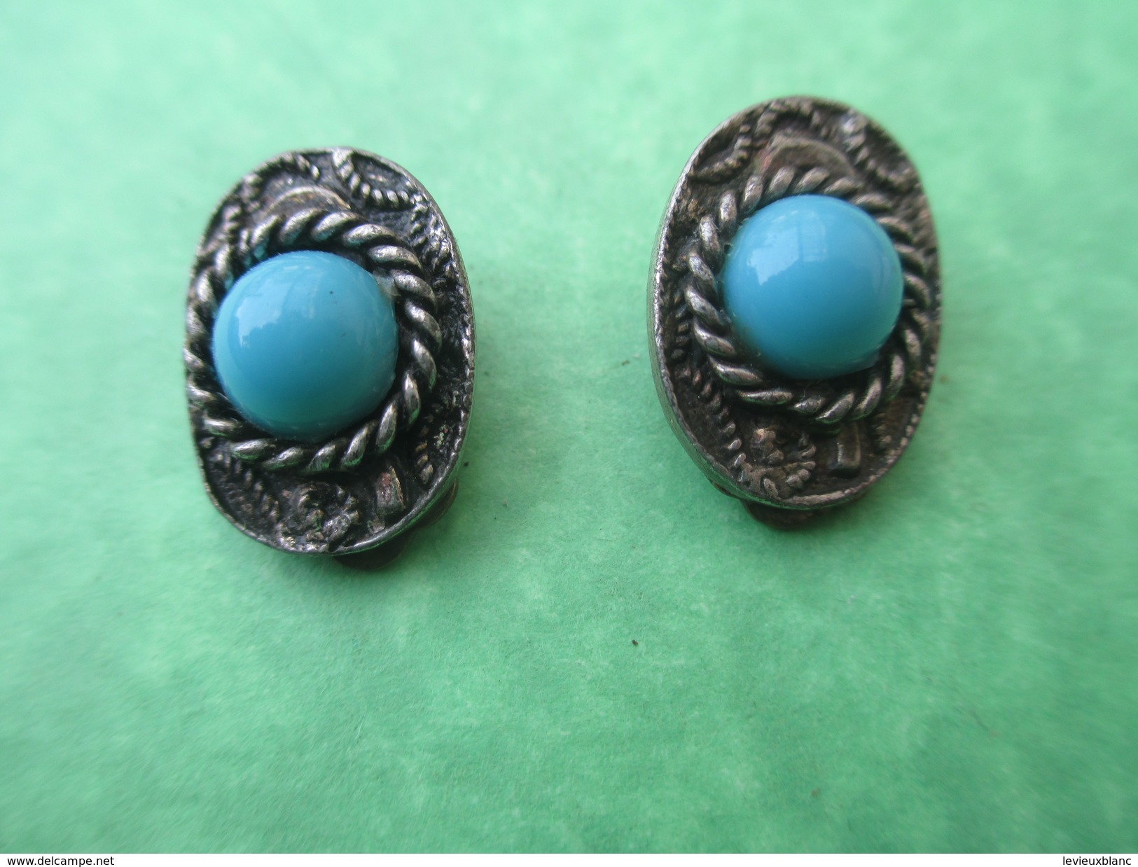 Bijou Fantaisie Ancien/  Paire De Boucles D'oreille / Turquoise Et Métal Argenté/ Vers 1930 - 1950         BIJ25 - Boucles D'oreilles