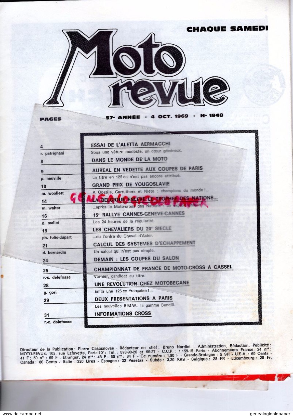 MOTO REVUE - N° 1948- 4-10-1969-RALLYE CANNES GENEVE-J.POCH NEUILLY-JAWA CZALETTA AERMACCHI-YOUGOSLAVIE-CROSS A CASSEL- - Moto