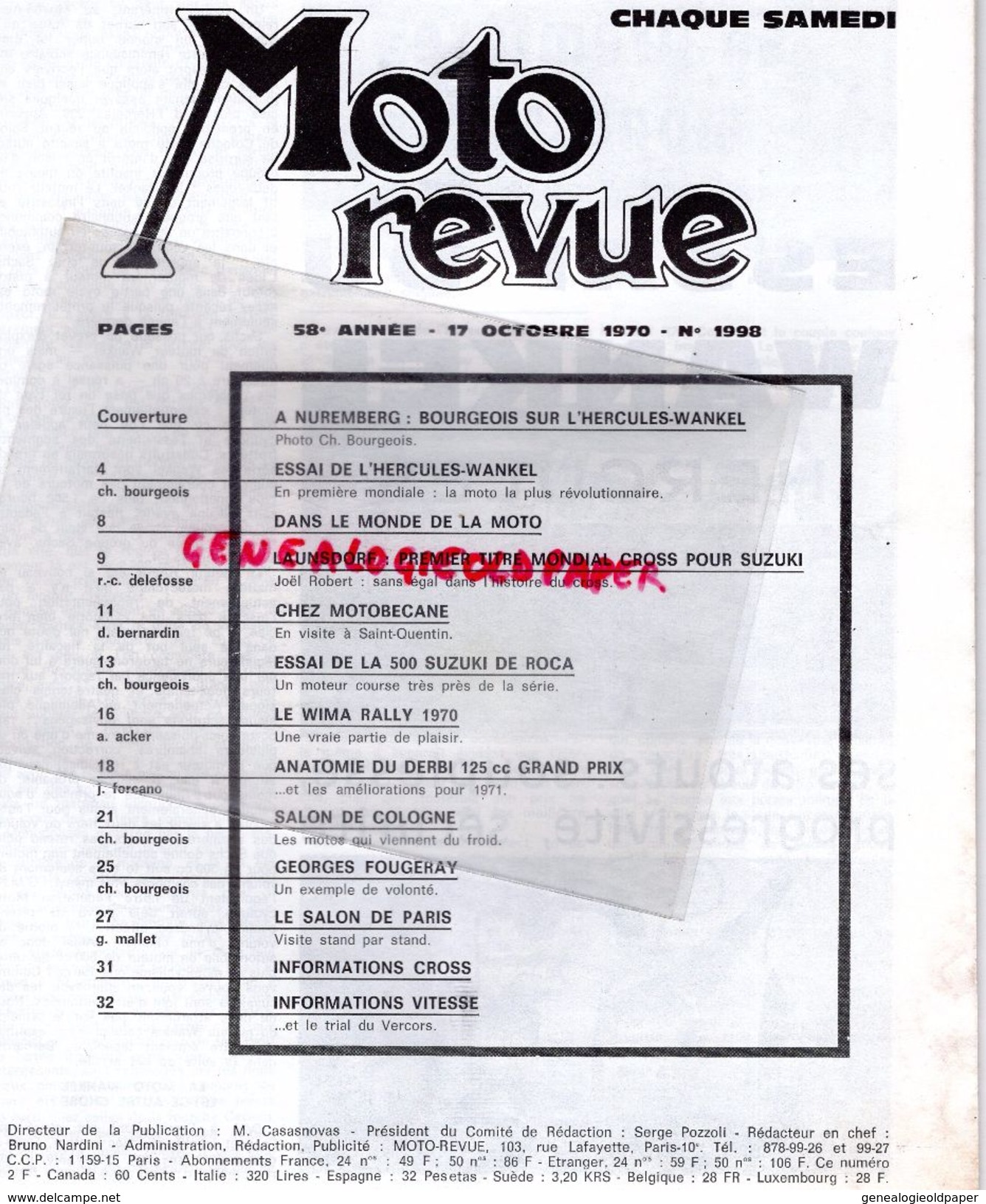 MOTO REVUE -N° 1998-17-10-1970-HERCULES-WANKEL-AUTRICHE-500 SUZUKI ROCA-125 DERBY-PARIS COLOGNE-JAWA CZ-POCH NEUILLY- - Motorfietsen