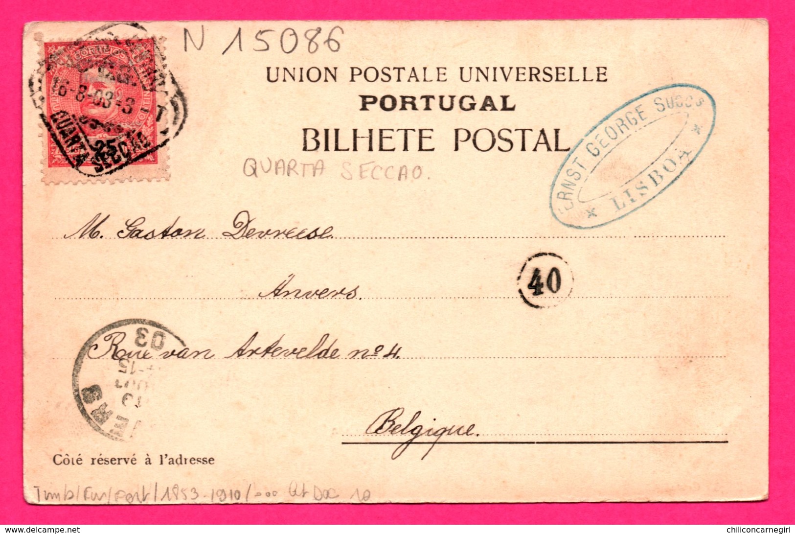 Oblitération QUARTA SECCAO 40 - Cachet " ERNST GEORGE LISBOA " - Portugal - Panorama De Lisboa - Voiliers - COSTA - 1903 - Covers & Documents