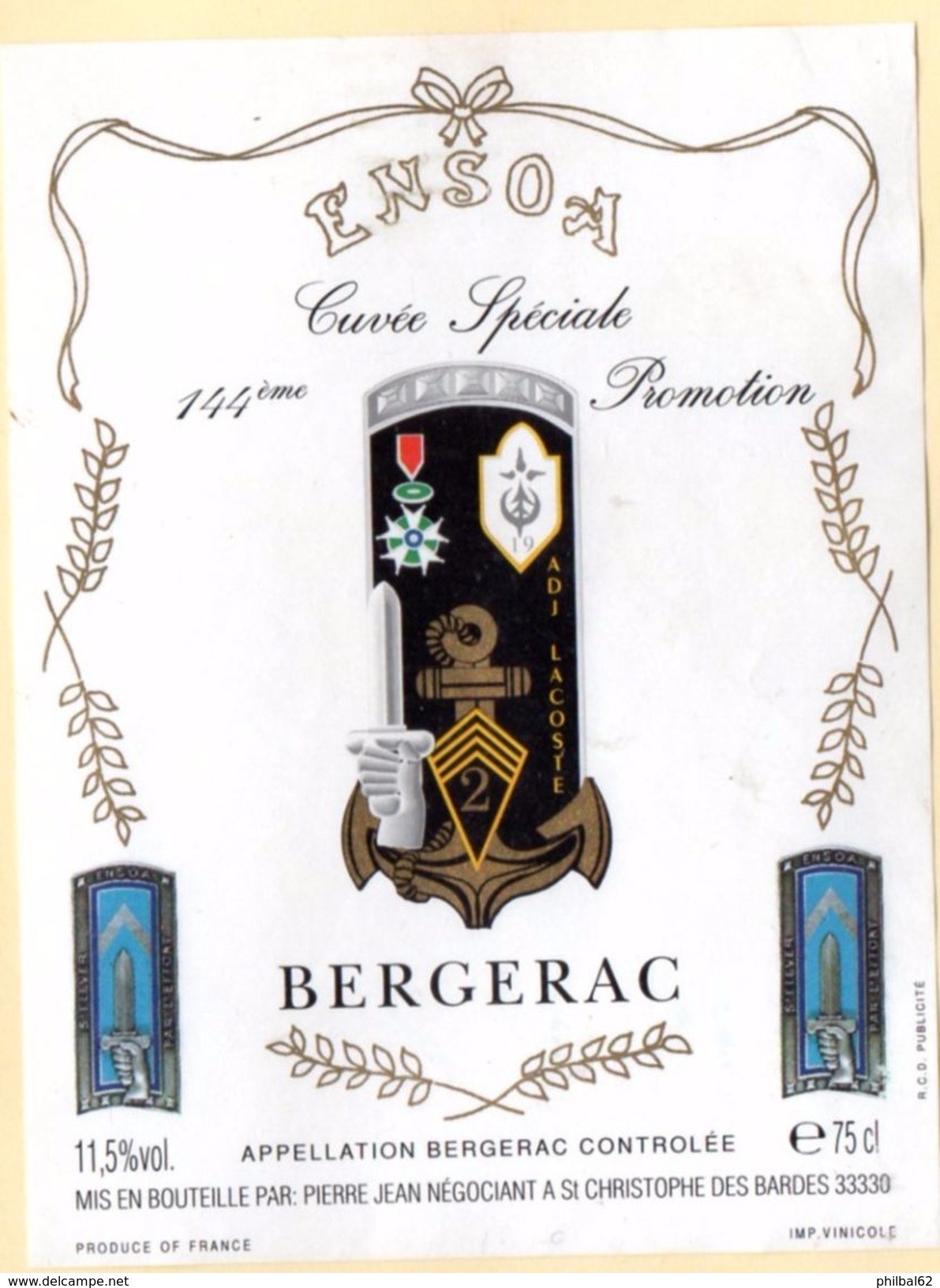 Etiquette De Vin De Bergerac, Cuvée Spéciale ENSOA 144ème Promotion. - Bergerac