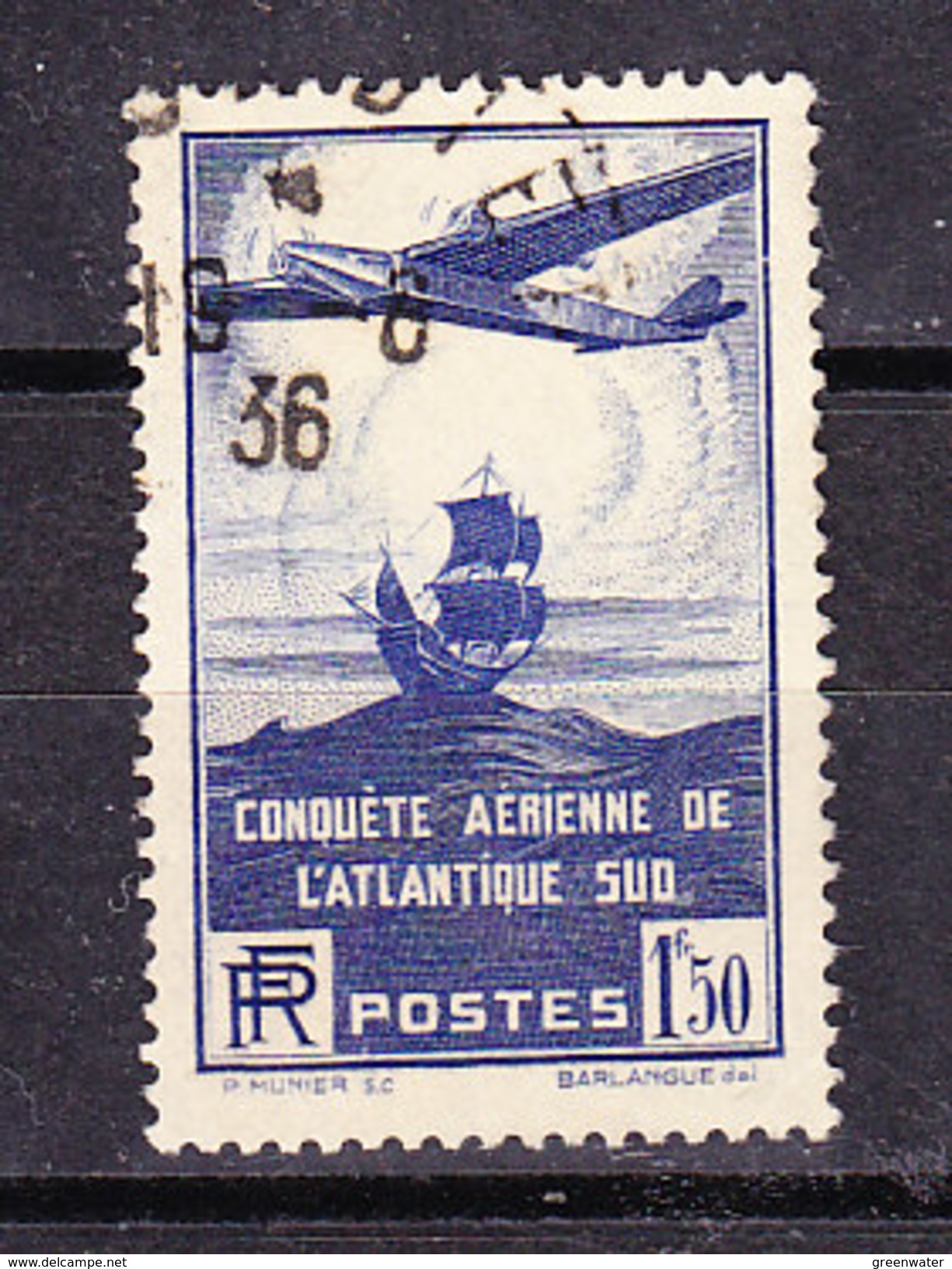 France 1936  100e Traversée Aérienne De L'Atlantique-Sur Par Avion 1v Used (36308) - Gebruikt