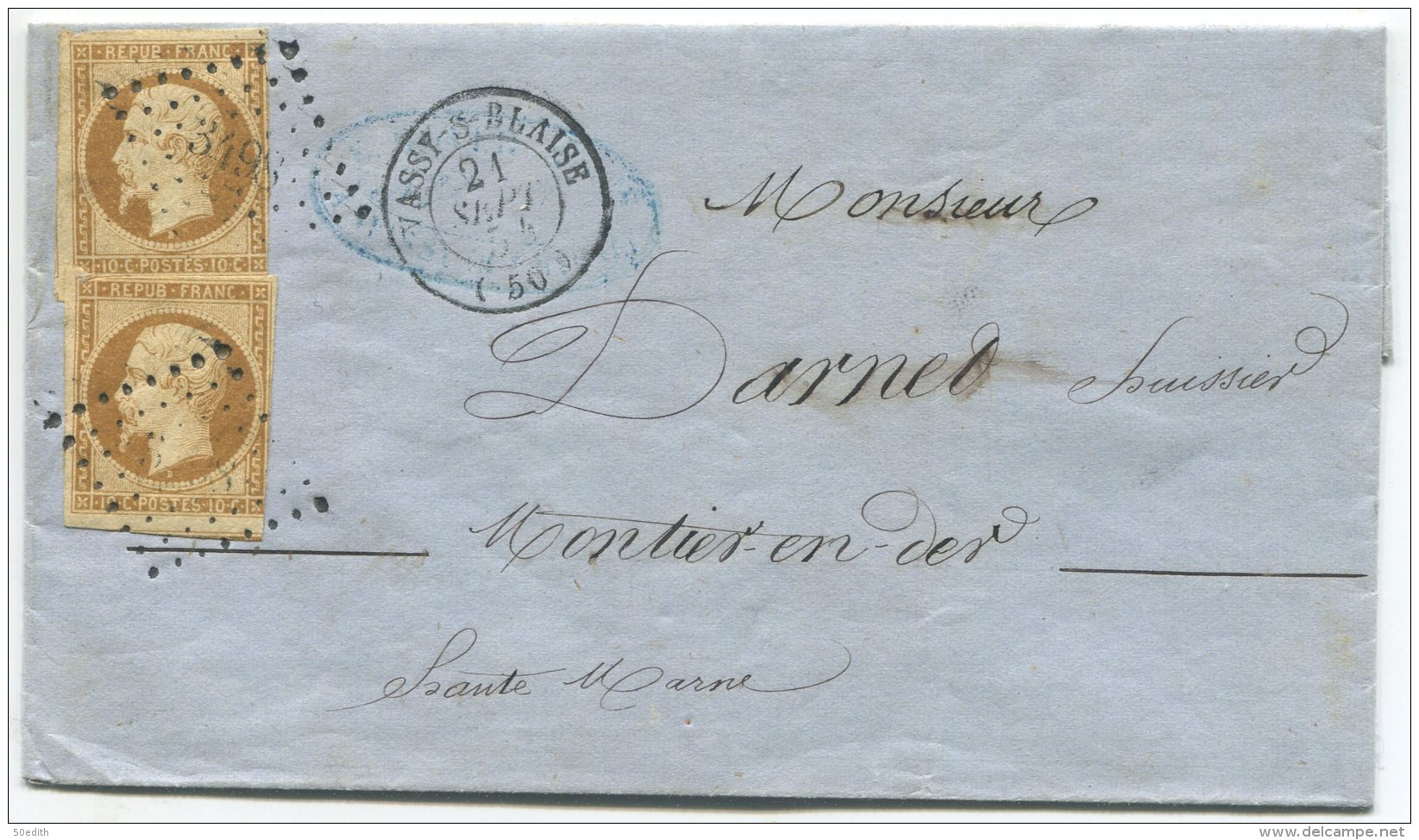 N°9x2  + Pc 3498  / Lettre De Vassy Sur Blaise (haute Marne)  Pour Montierender - 1852 Louis-Napoléon