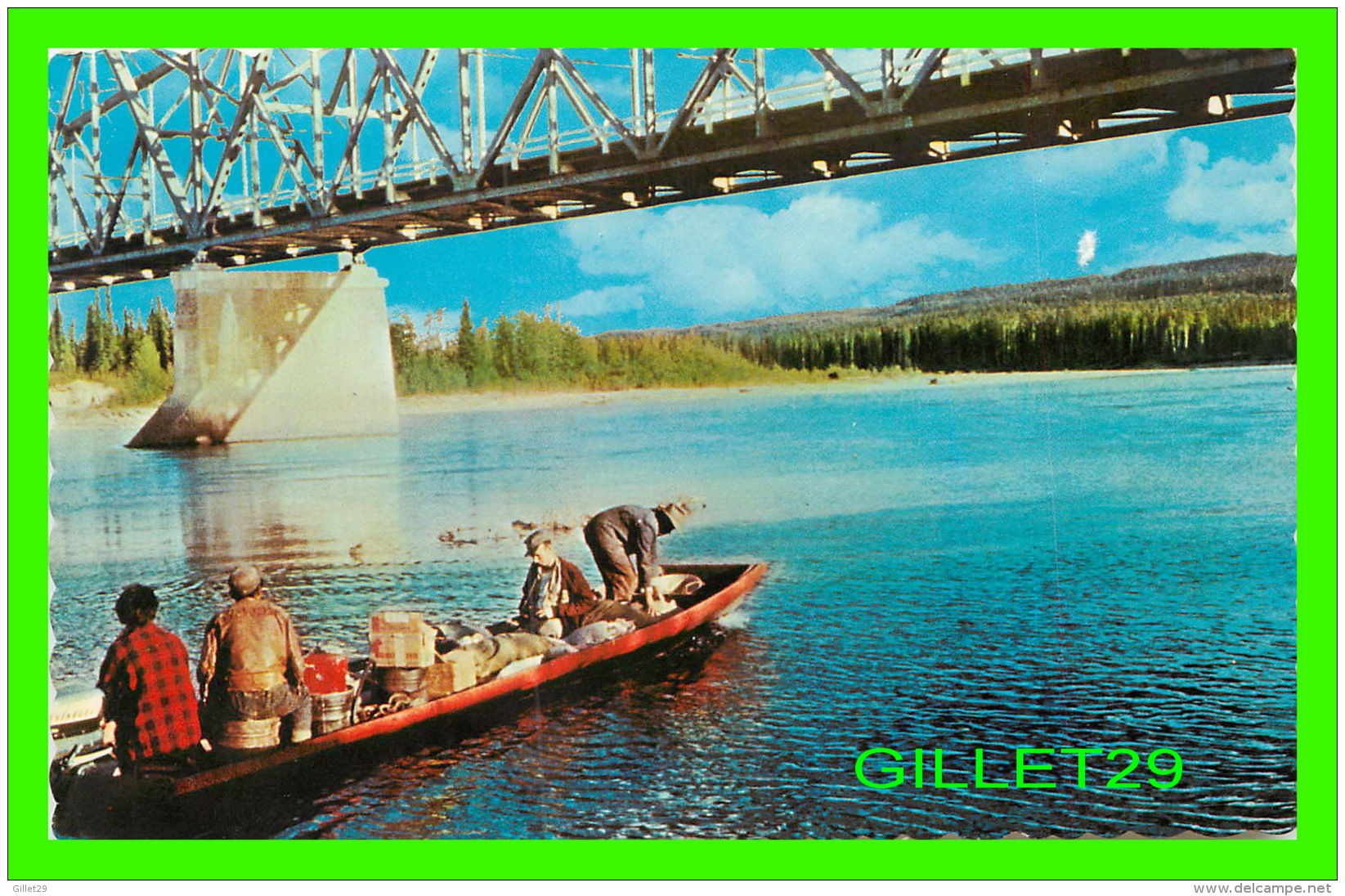 YUKON TERRITORIES - REVERBOAT PROS, RIVERBOAT HEADING UNDER THE LIARD BRIDGE - PUB. BY J. H. BELL - - Yukon