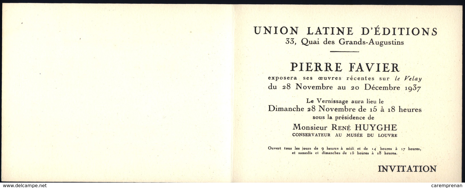 Pierre Favier. Invitation En Deux Volets Au Vernissage De Ses &oelig;uvres Récentes Sur Le Velay, Avec Une Gravure, 1937 - Estampes & Gravures