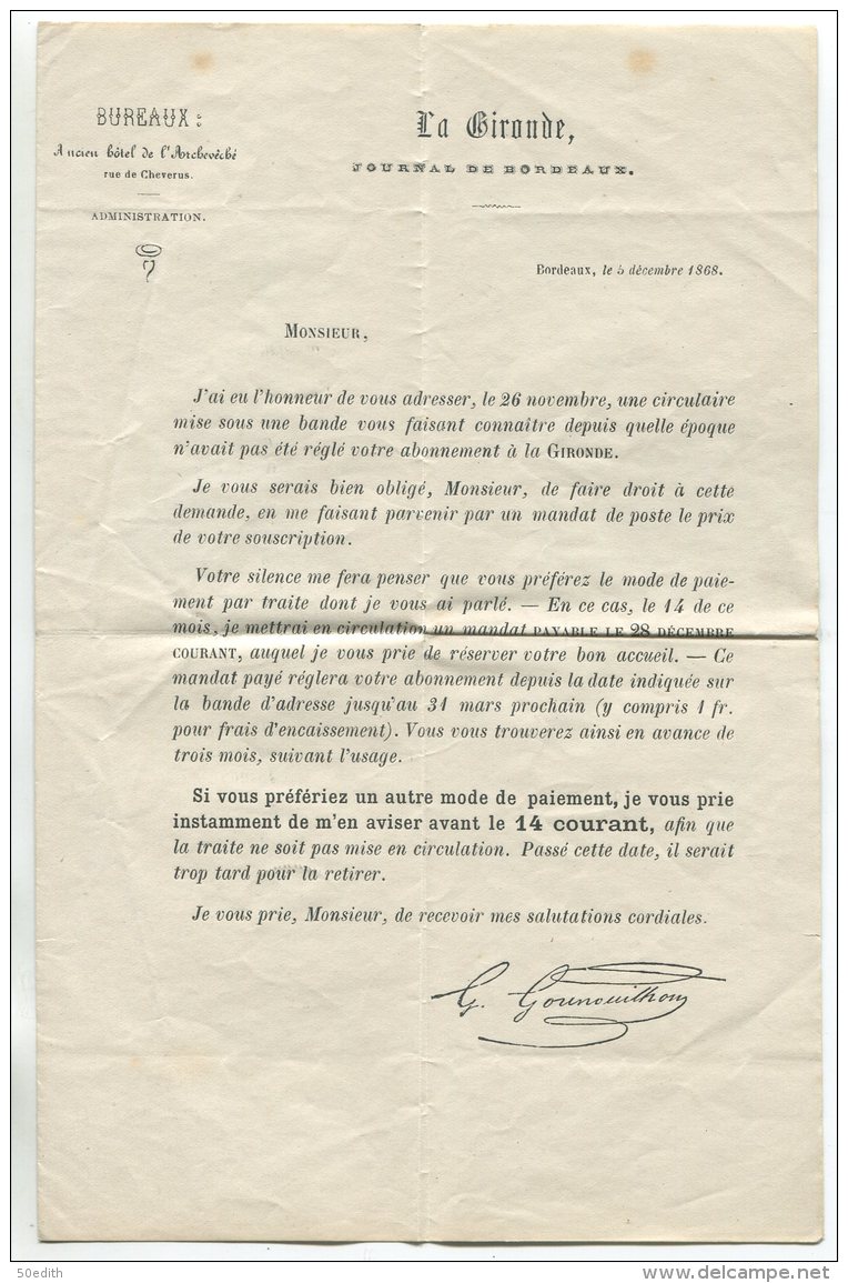 N°19 Seul Sur Lettre De Bordeaux En Provenance Du Journal "la Gironde" - 1862 Napoleon III