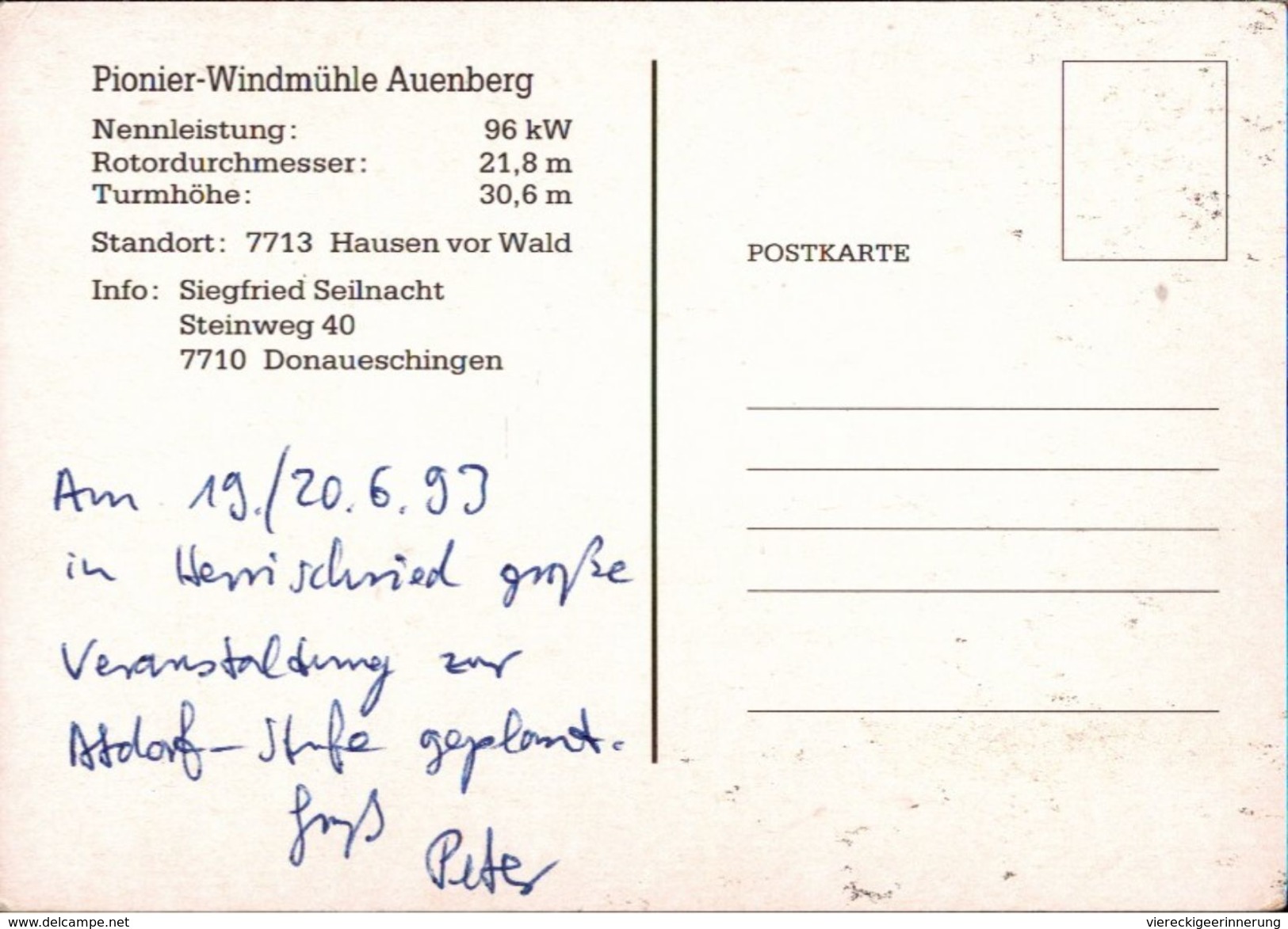 ! 1993 Ansichtskarte Pionier Windmühle Auenberg In Hausen Vor Wald, Windkraftanlage, Windrad - Moulins à Vent