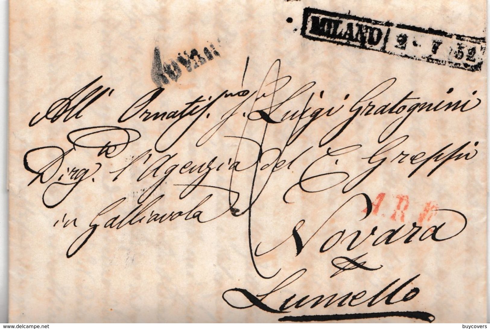 LV203- LOMBARDO VENETO - 2 Luglio1852 Lettera Da Milano A Novara Per Lumello , Tassata 2 Soldi Sardi In Arrivo. Leggi.. - Lombardo-Veneto