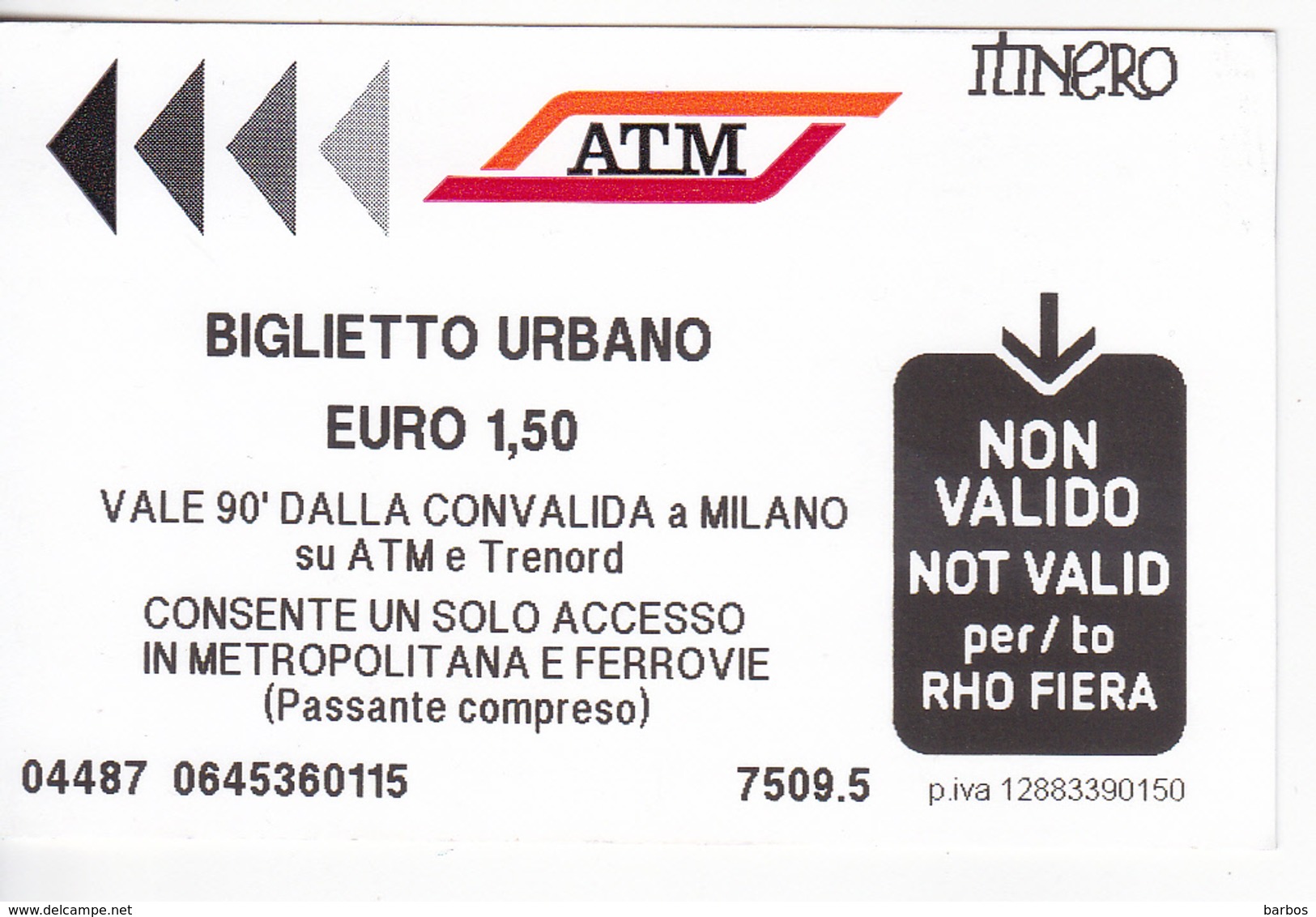 Italy , Milano  , Metro  Ticket  , 2015 - Europe