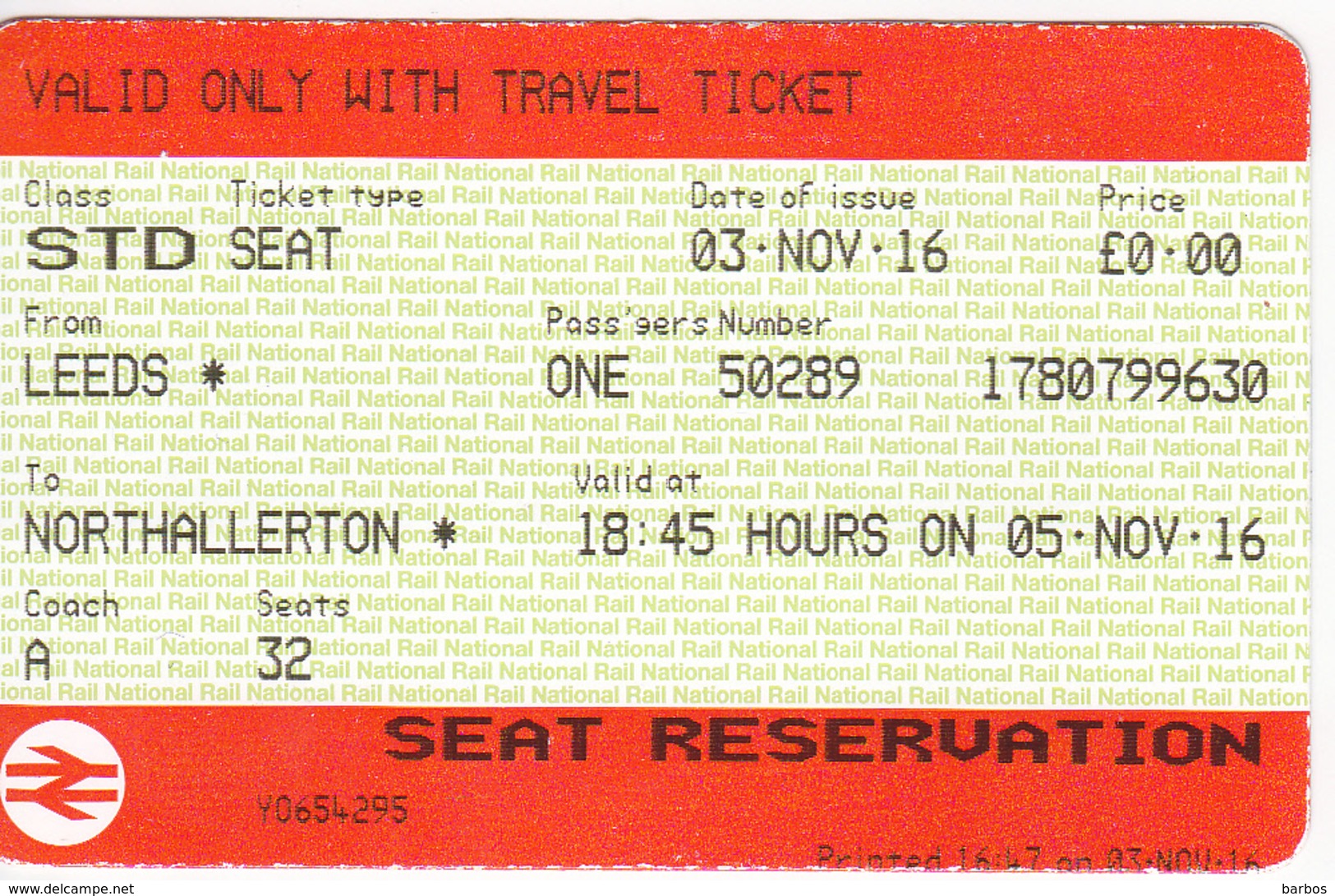 United Kingdom , Leeds  To Northallerton , Transport. Ticket - Europe