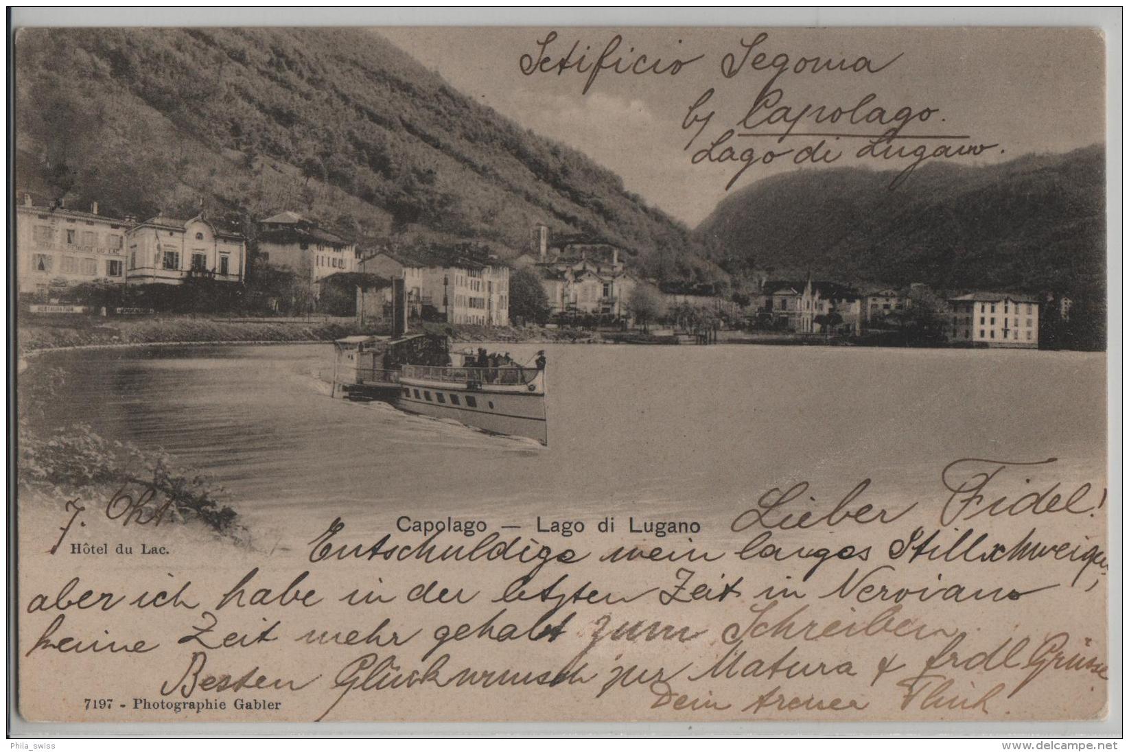 Capolago - Lago Di Lugano - Hotel Du Lac - Photo: Gabler No. 7197 - Autres & Non Classés