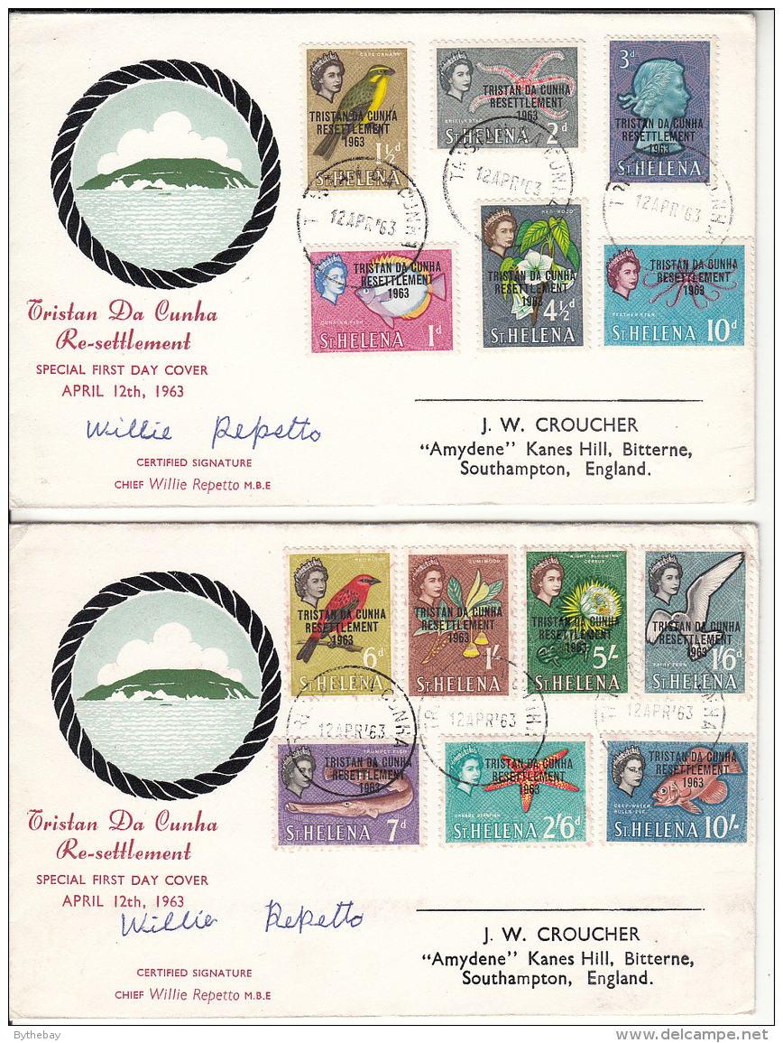 Tristan Da Cunha FDC 1963 Set Of 2 Signed By Chief Resettlement Scott #55-#67 Set Of 13 Overprints - Tristan Da Cunha