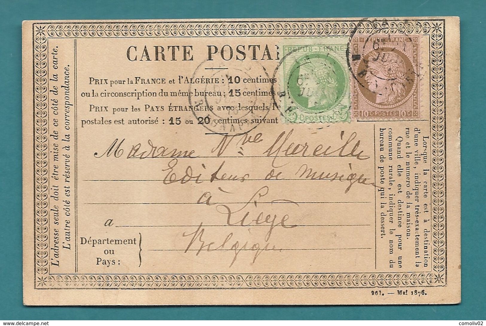 Paris Pour LIEGE. YT53+59 Oblitéré CàD PARIS R. BONAPARTE. 1876 - 1849-1876: Période Classique