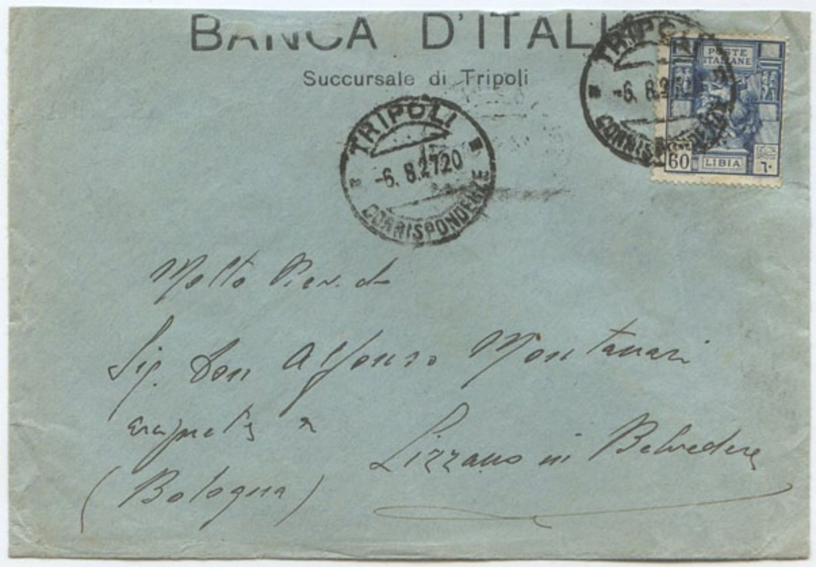 1927 SIBILLA C. 60 ISOLATO 6.8.27 BUSTA DA TRIPOLI PER BOLOGNA CON TIMBRO DI ARRIVO TARIFFA LETTERA 1° (A912) - Libia