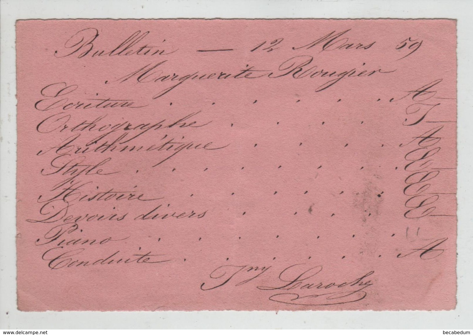 Bulletin Scolaire 1859 Rougier Laroche - Diplomas Y Calificaciones Escolares