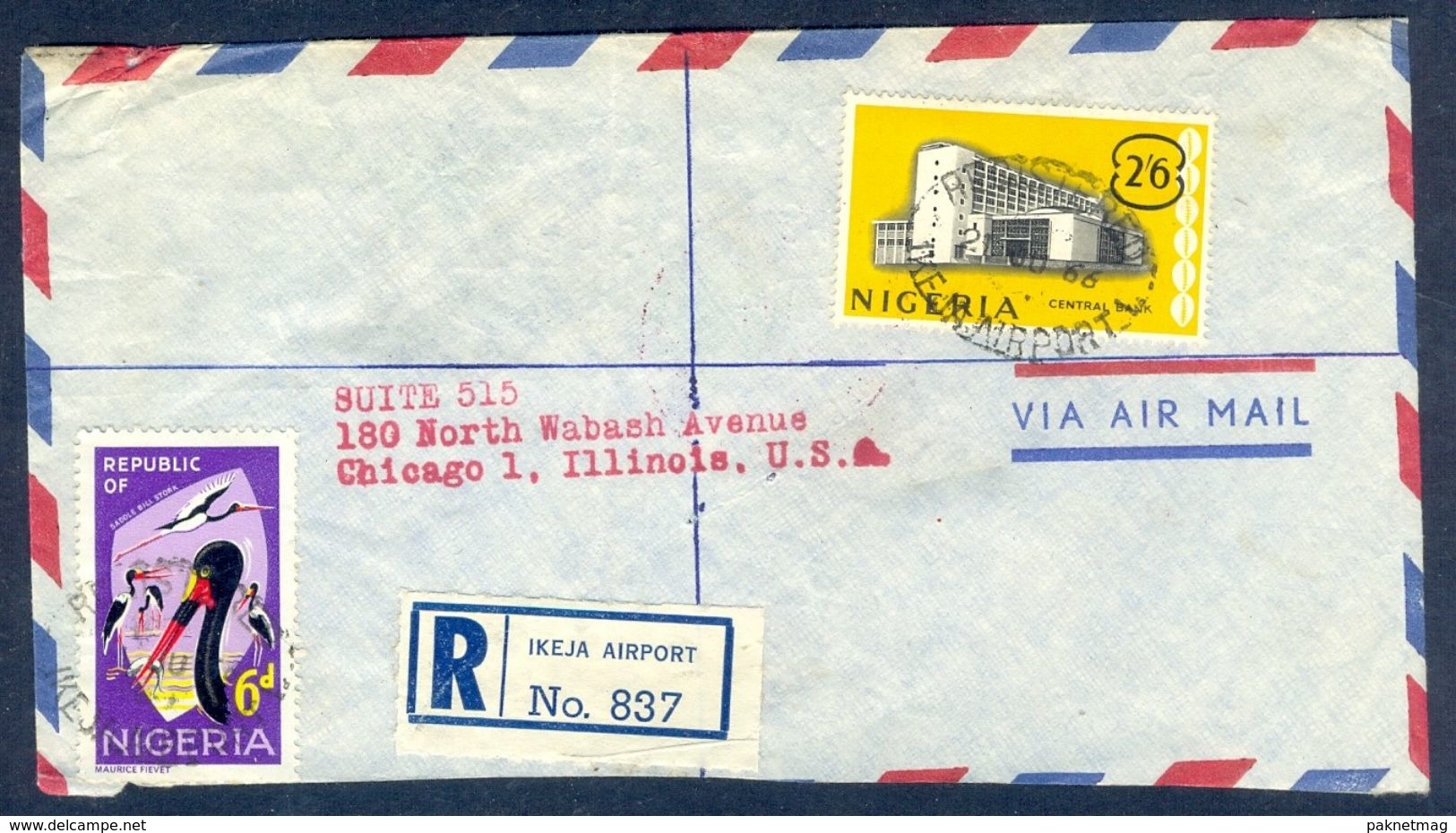 G59-  Postal Used Cover. Posted From Nigeria To USA. Fauna Tiere Storch. Central Bank Building. - Nigeria (1961-...)