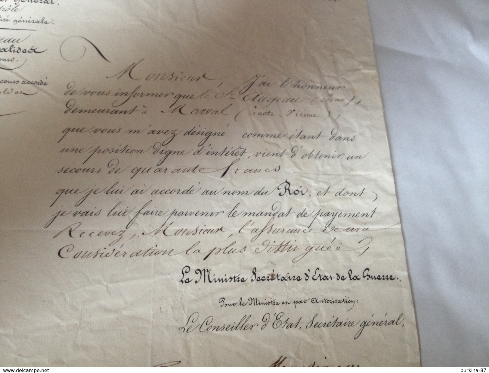 Ministere De La Guerre , 1840, Courrier à Tixier, Député De La Hte Vienne ,pour Secours, Marval,87 - Dokumente