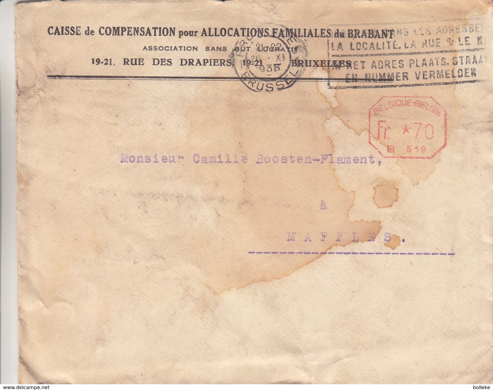 Belgique - Lettre De 1936 ° - Oblit Bruxelles - EMA - Empreintes Machines - Cachet 519 - ...-1959