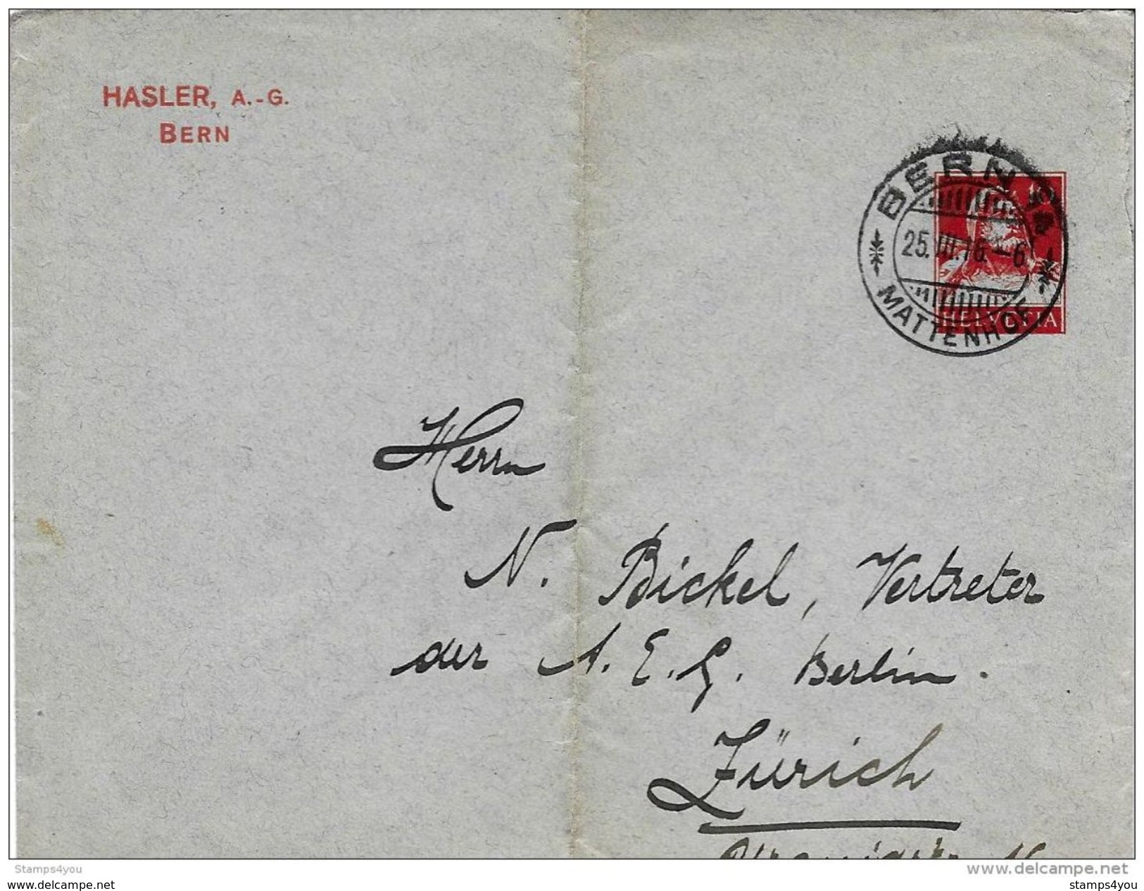 VII56 - Entier Postal Privé "Hasler AG Bern" 1916 - Attention Léger Pli Au Milieu" - Ganzsachen