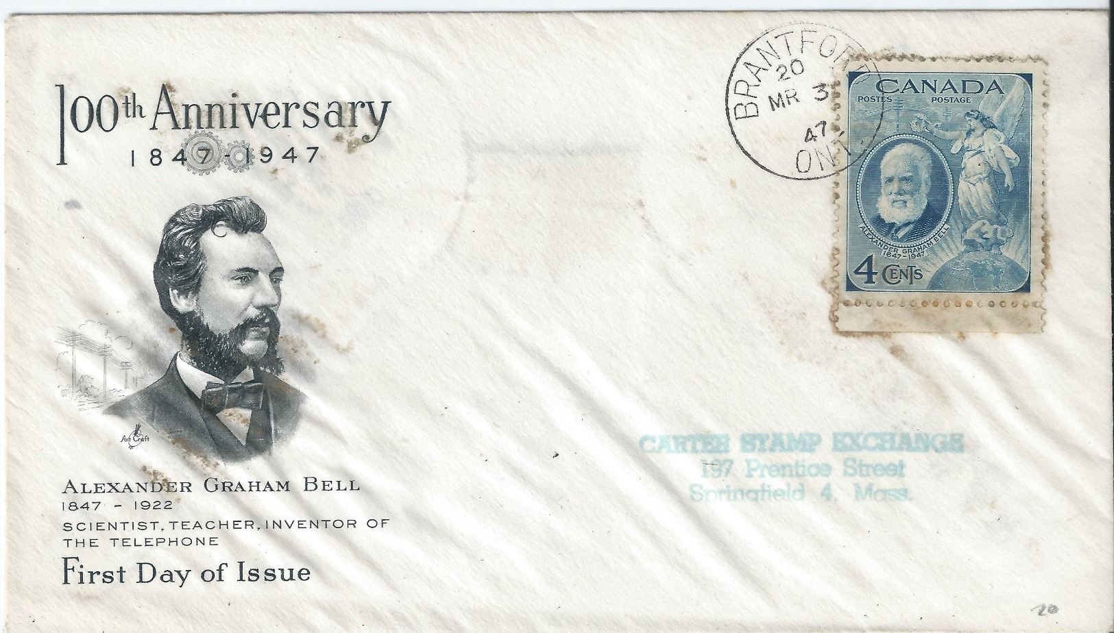 Canada 100th Anniversary Of Alexander Graham Bell FDC Postmarked 1947 - Covers & Documents