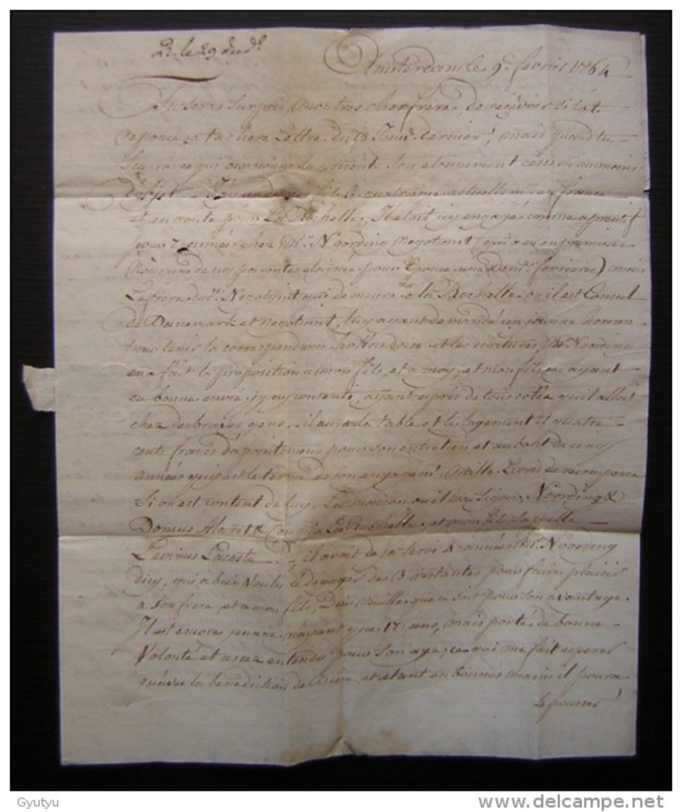 1764: Lettre Intéressante De Jean Lacoste D´ Amsterdam (hollande) Pour Son Frère à Montauban. Marques à Identifier - Manuscripts