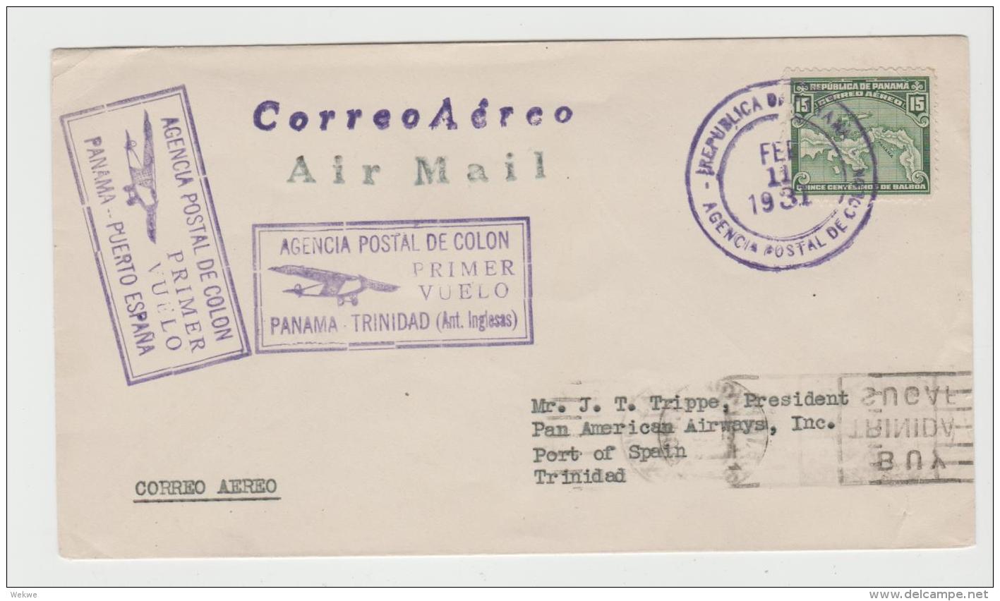 PAN075 -  PÀNAMA / Erstflug (First Flight) Nach Panama Mit Landkarte-Mark Zu 15 C. Ex Trinidad - Panama