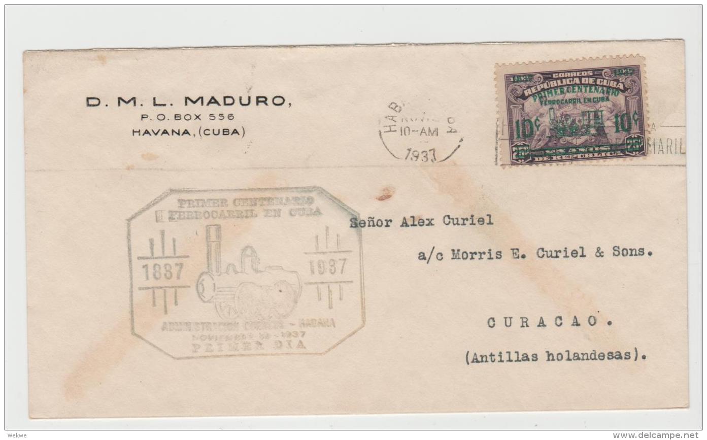 Cu041 / Kuba, 100-jähriges Eisenbahnjubiläum 1937 Auf FDC Nach Curacao - Lettres & Documents