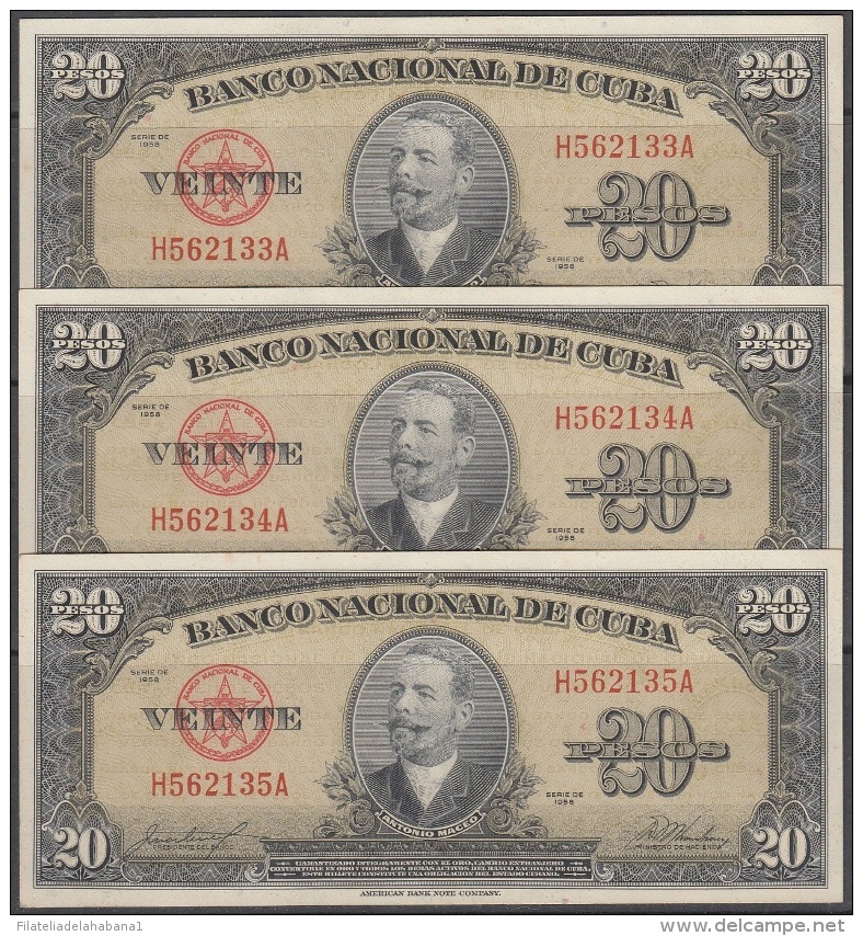 1958-BK-208 CUBA 1958 BANCO NACIONAL 20$ ANTONIO MACEO UNC 3 CONSECUTIVOS. - Cuba