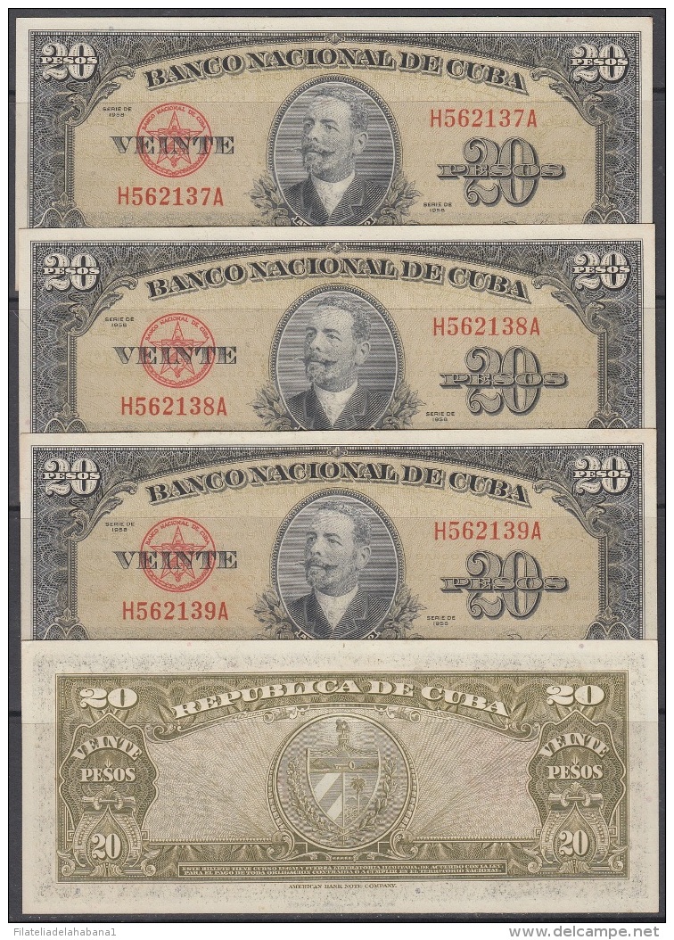 1958-BK-212 CUBA 1958 BANCO NACIONAL 20$ ANTONIO MACEO UNC 3 CONSECUTIVOS. - Cuba