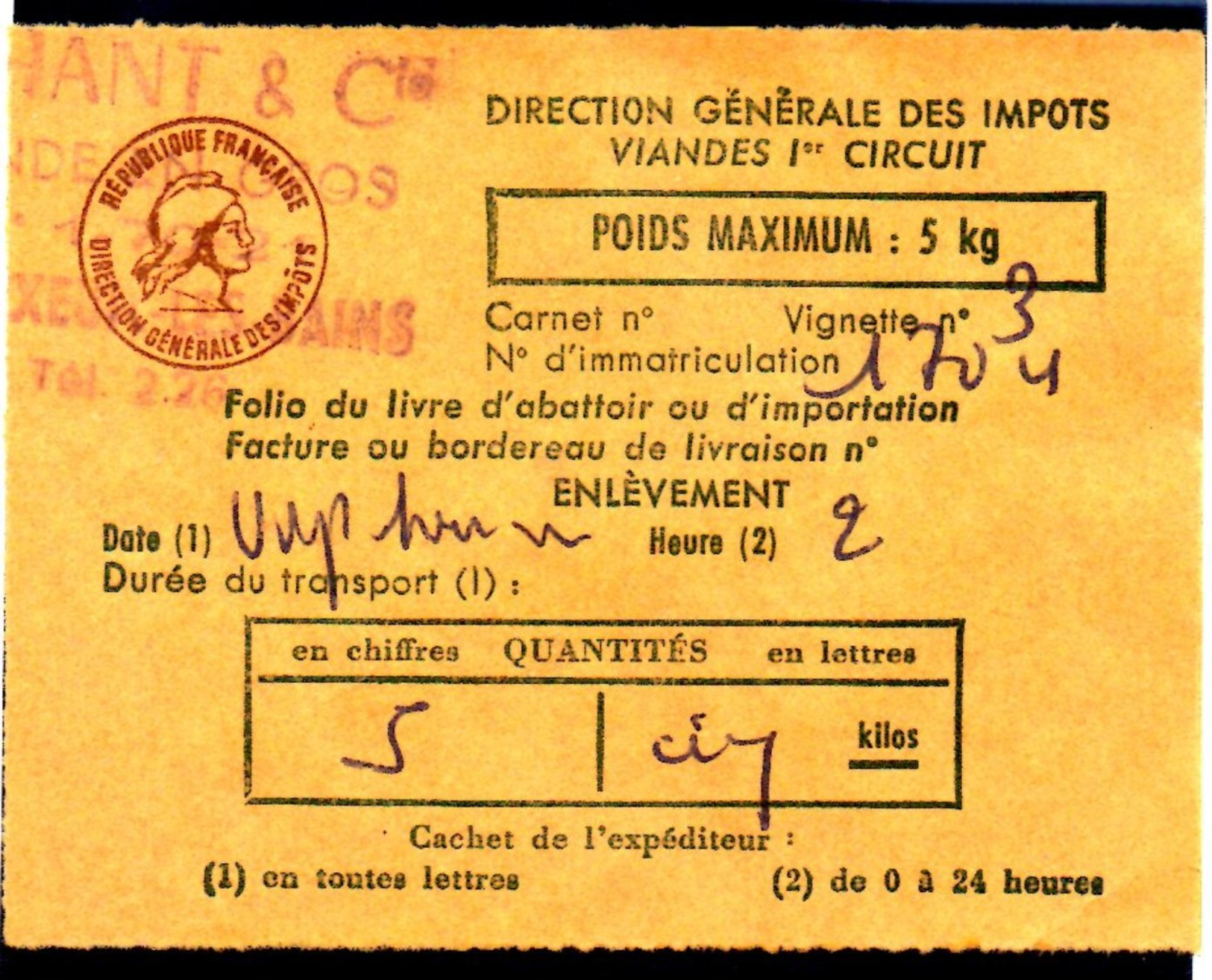 Fiscal, Fiscaux, Taxe Contrôle Des Viandes N° 122 - 5 Kg - Fif : AT51 - Papier Orange - Andere & Zonder Classificatie