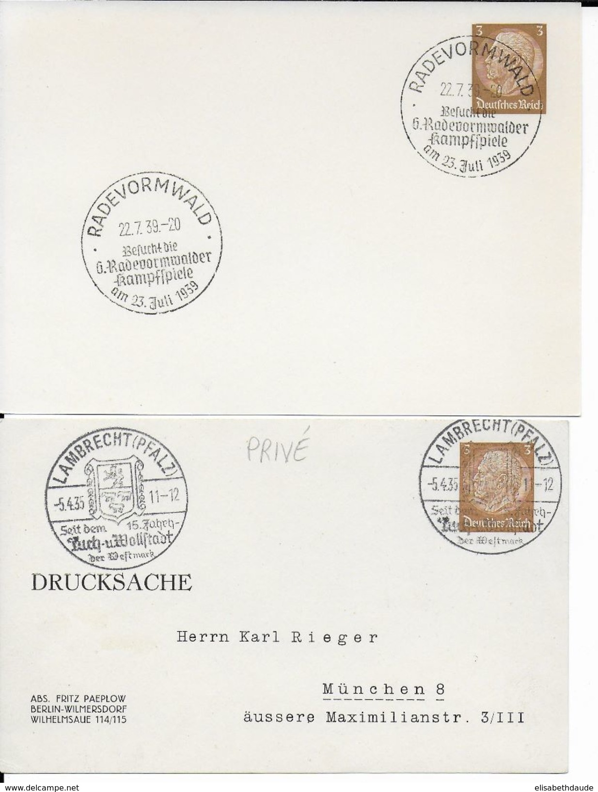 1935/39 - HINDENBURG - 2 CP ENTIER PRIVEES FORMAT DIFFERENT - SONDERSTEMPEL RADEVORMWALD + LAMBRECHT - Privat-Ganzsachen