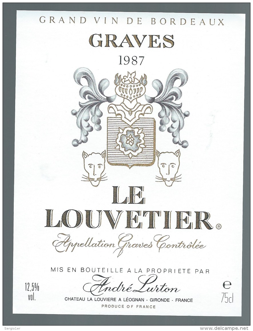 Etiquette  Vin De Bordeaux  Le Louvetier Graves  1987  André Lurton Propriétaire Léognan - Bordeaux