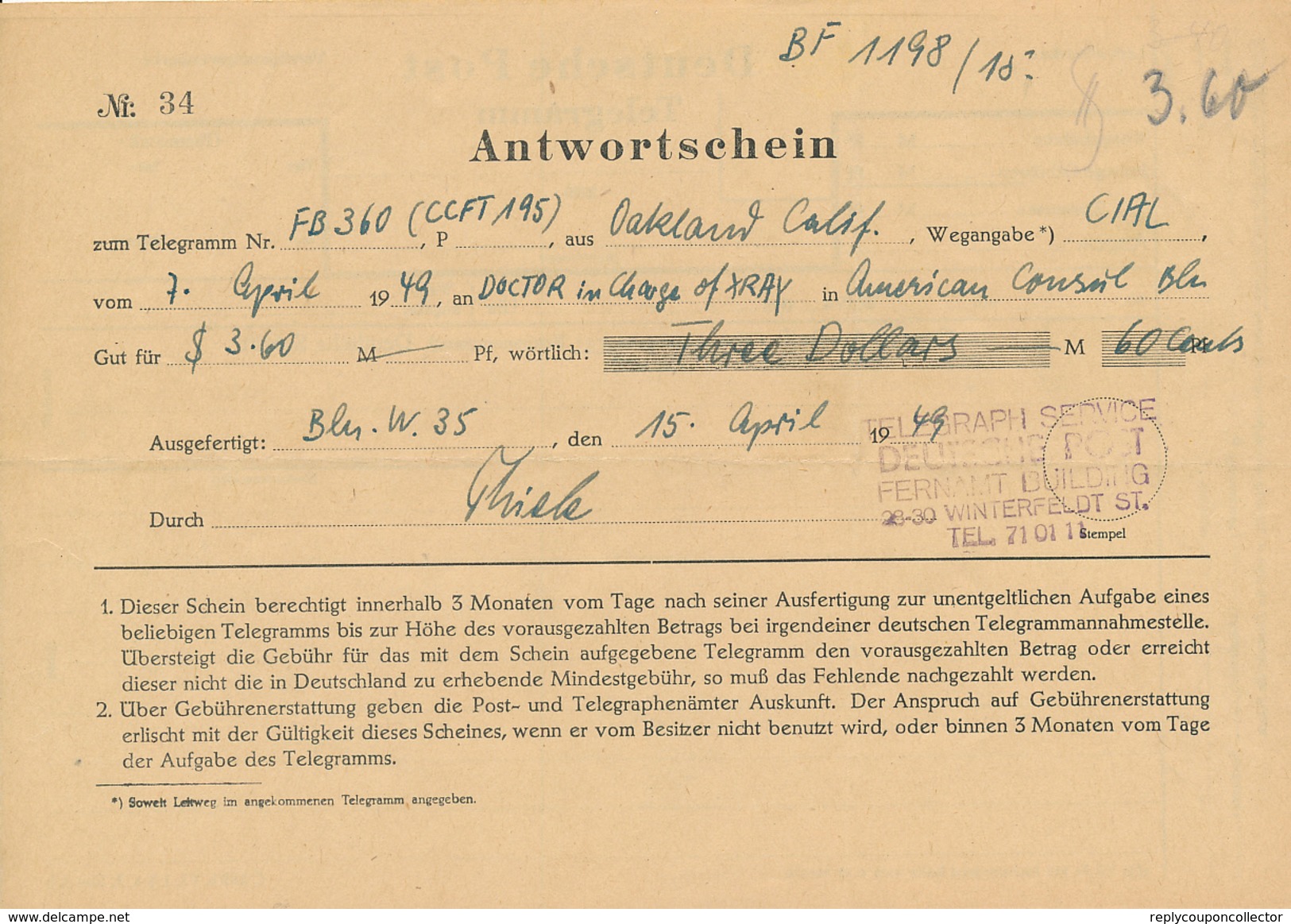 BERLIN W 35 -  1949 , Antwortschein Telegramm Nach Oakland / USA - Lettres & Documents