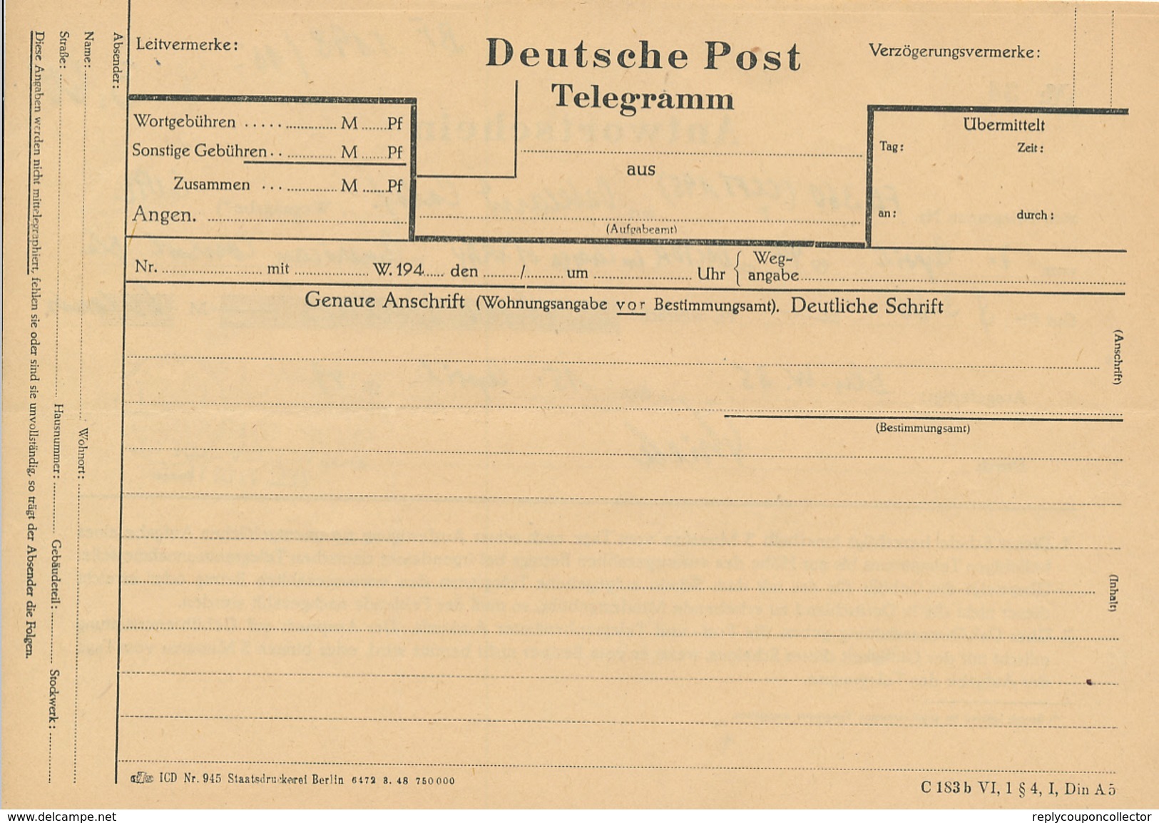 BERLIN W 35 -  1949 , Antwortschein Telegramm Nach Oakland / USA - Covers & Documents