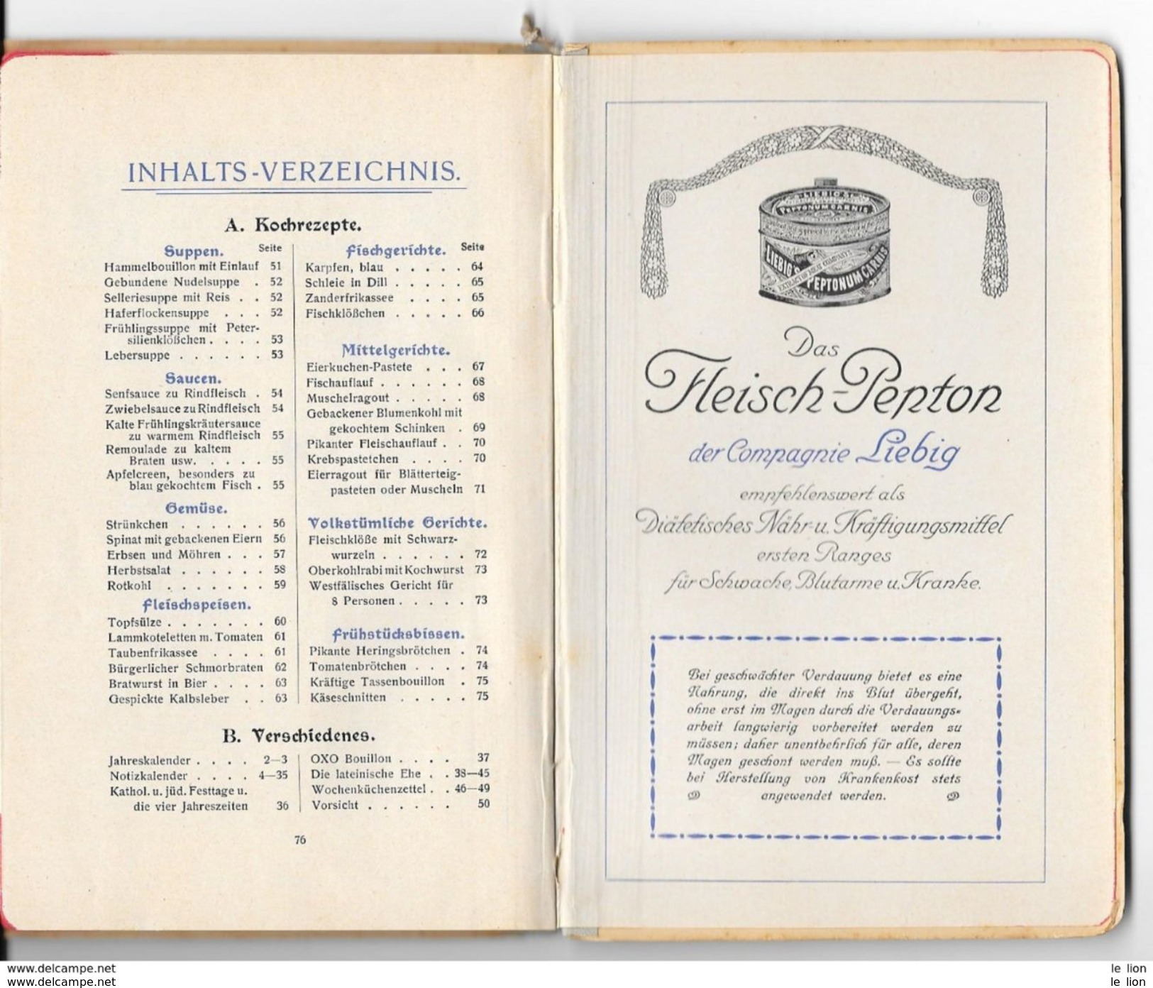 RARO 1911 HAUSHALTUNGS-KALENDER Liebig Gesellschaft 80 Pagine Mis. 11,3x17,6 PERFETTO - Grossformat : 1901-20