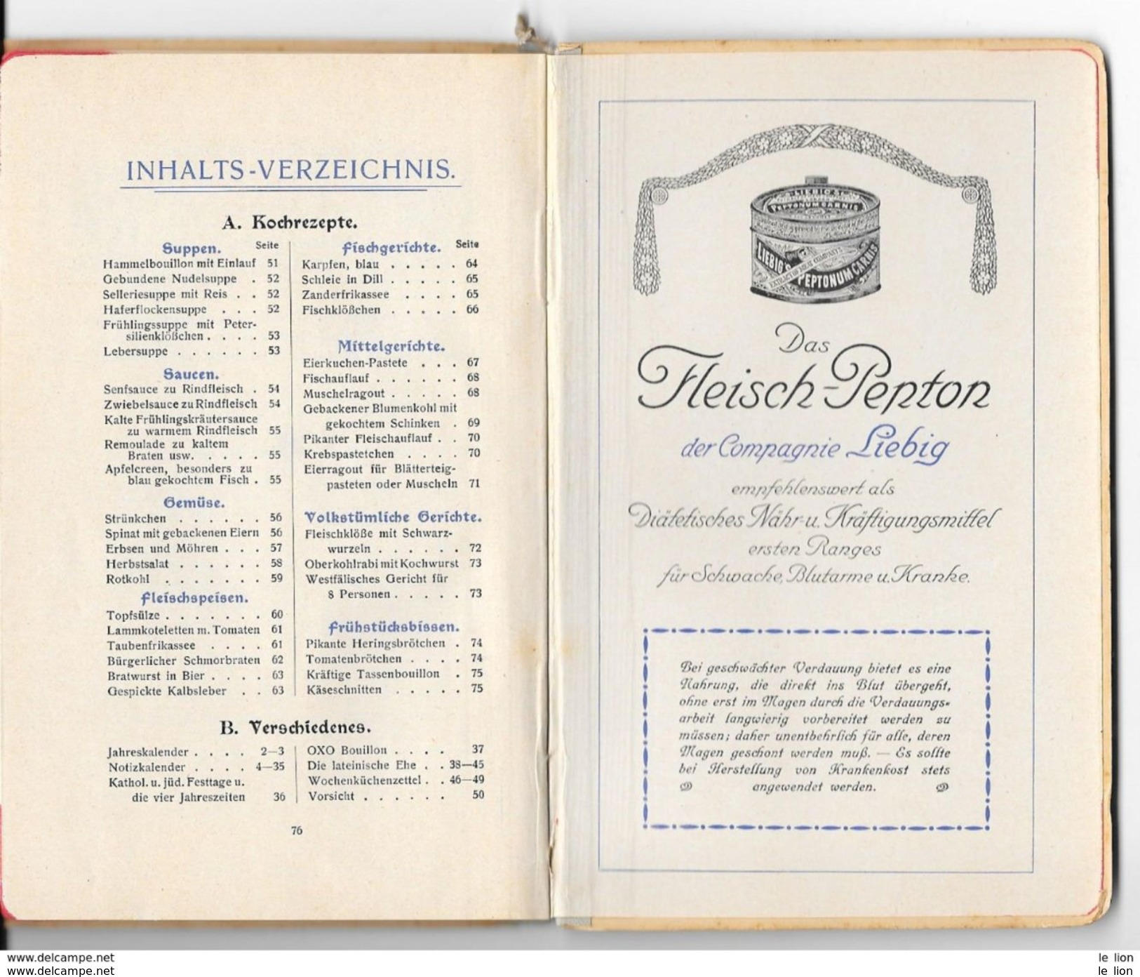 RARO 1911 HAUSHALTUNGS-KALENDER Liebig Gesellschaft 80 Pagine Mis. 11,3x17,6 PERFETTO - Formato Grande : 1901-20