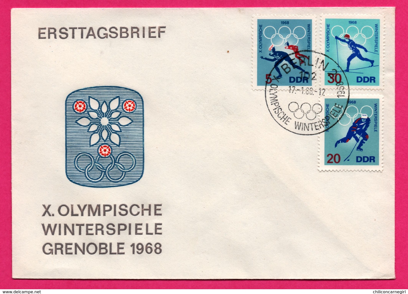 FDC - J.O. - Hochey Sur Glace - Ski - X Olympische Winterspiele Grenoble 1968 - Berlin - Ersttagsbrief - 5,30,20 DDR - Winter 1968: Grenoble