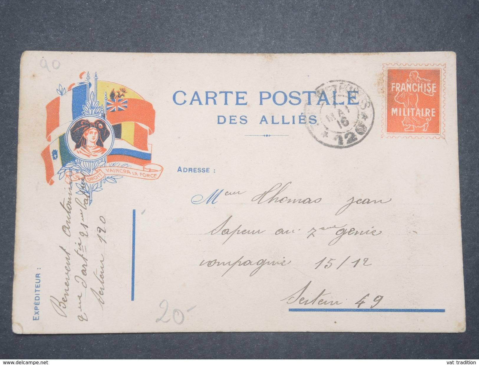 FRANCE - Pseudo Entier FM Pour Le Secteur Postal 49 En 1916 - L 9221 - 1. Weltkrieg 1914-1918