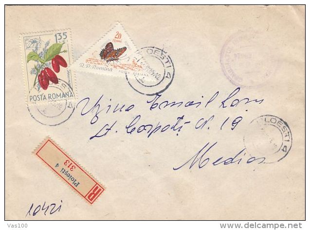 CORNELIAN CHERRY, POPLAR ADMIRAL BUTTERFLY, STAMPS ON REGISTERED COVER, 1965, ROMANIA - Brieven En Documenten