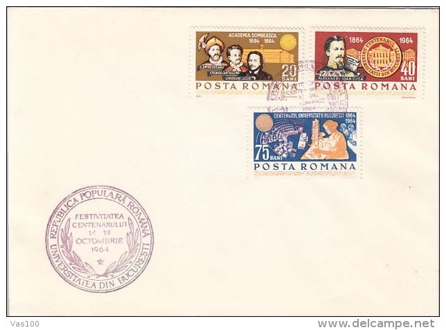 BUCHAREST UNIVERSITY CENTENARY, STAMPS AND SPECIAL POSTMARKS ON COVER, 1964, ROMANIA - Lettres & Documents