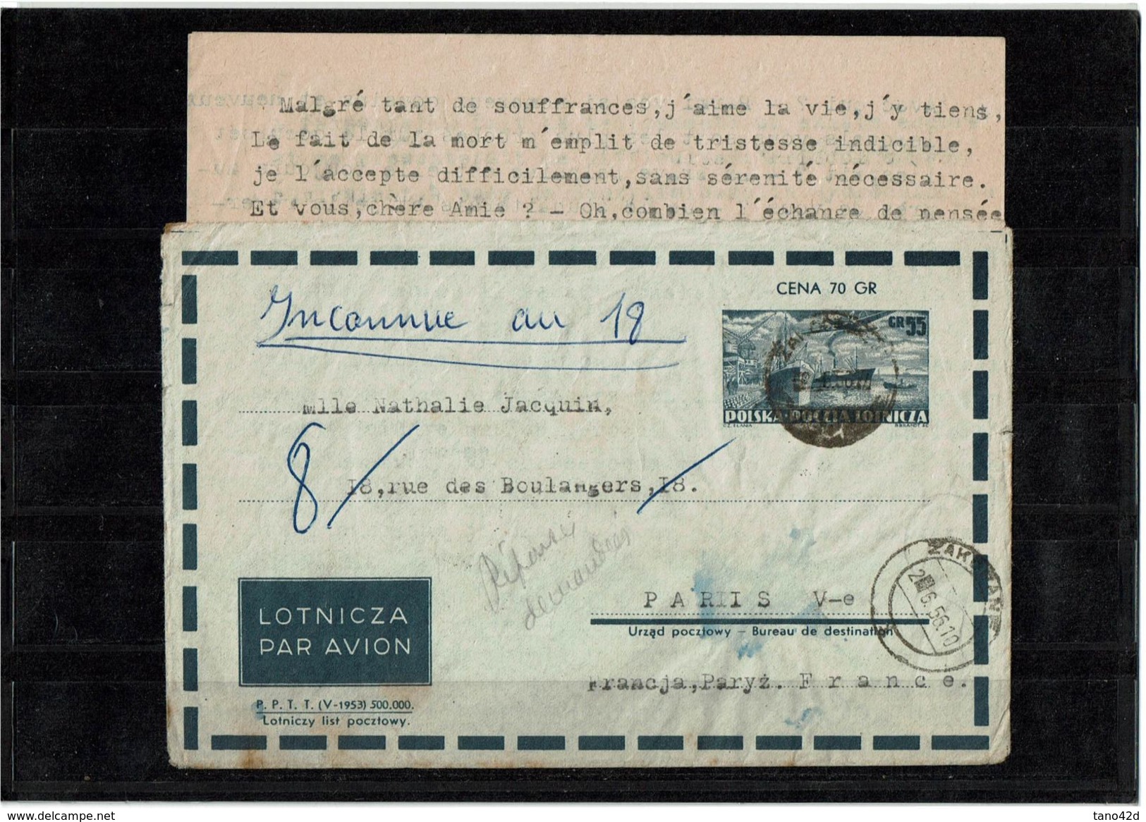 CTN38 - POLOGNE ENVELOPPE AVION ZAK / PARIS JUIN 1956 AVEC CONTENU - Stamped Stationery