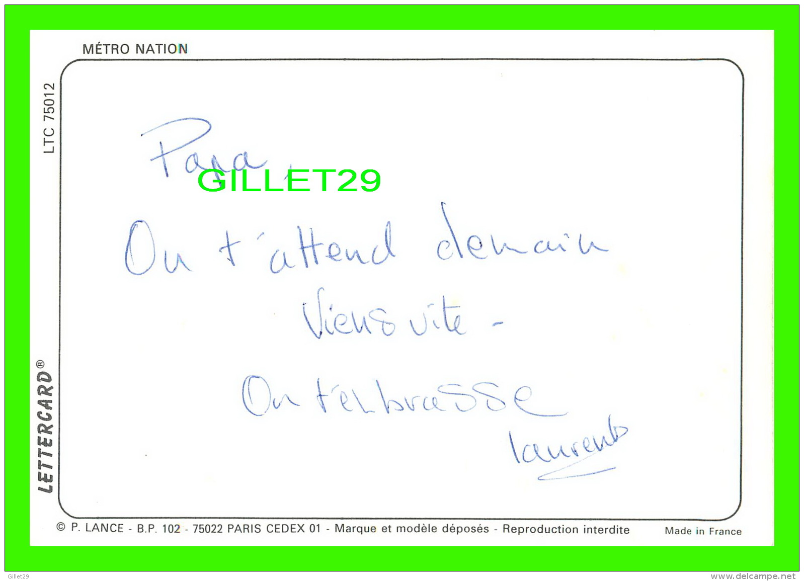 ADVERTISING - PUBLICITÉ - MÉTRO NATION LETTERCARD - - Werbepostkarten