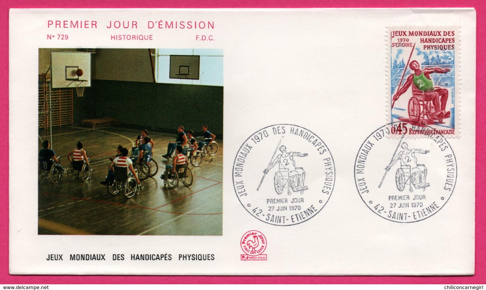 FDC N° 729 - Jeux Mondiaux Des Handicapés Physiques - Basket Ball - Lancé De Javelot - Saint Étienne 1970 - COMBET - Sport Voor Mindervaliden