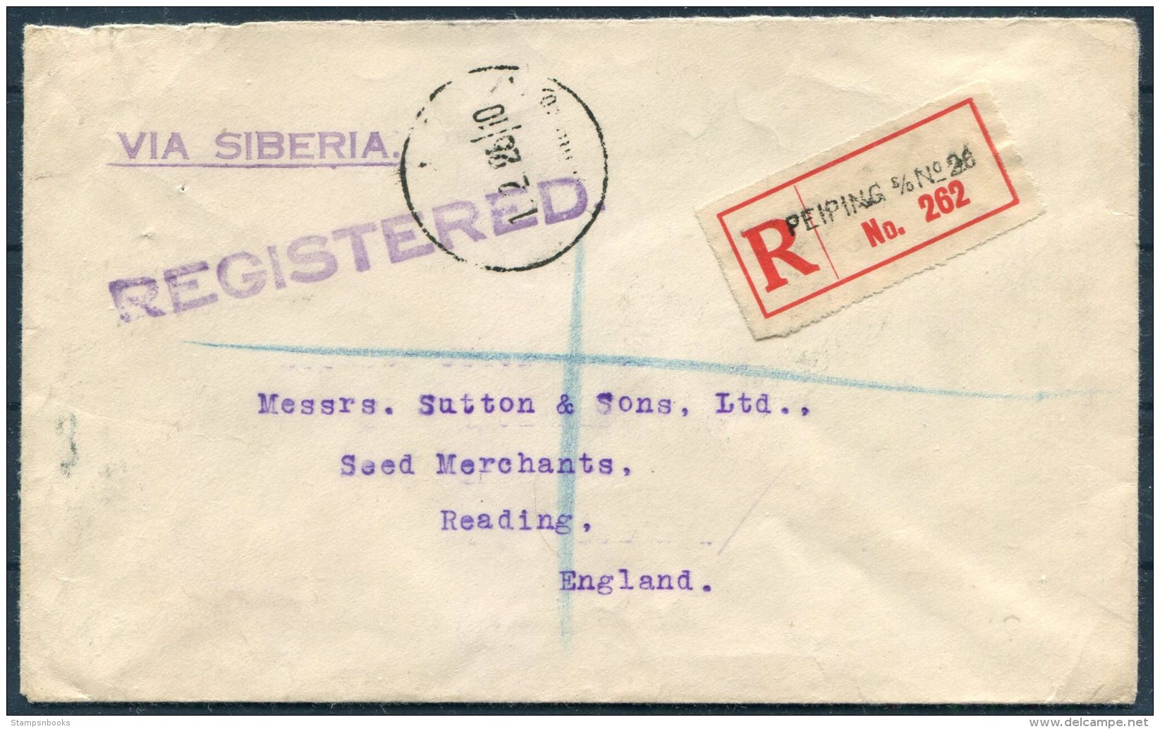 China Peking Peiping Registered 50c Reaper Cover Henning &amp; Co. - Sutton Seeds, Reading, GB - 1912-1949 Republic