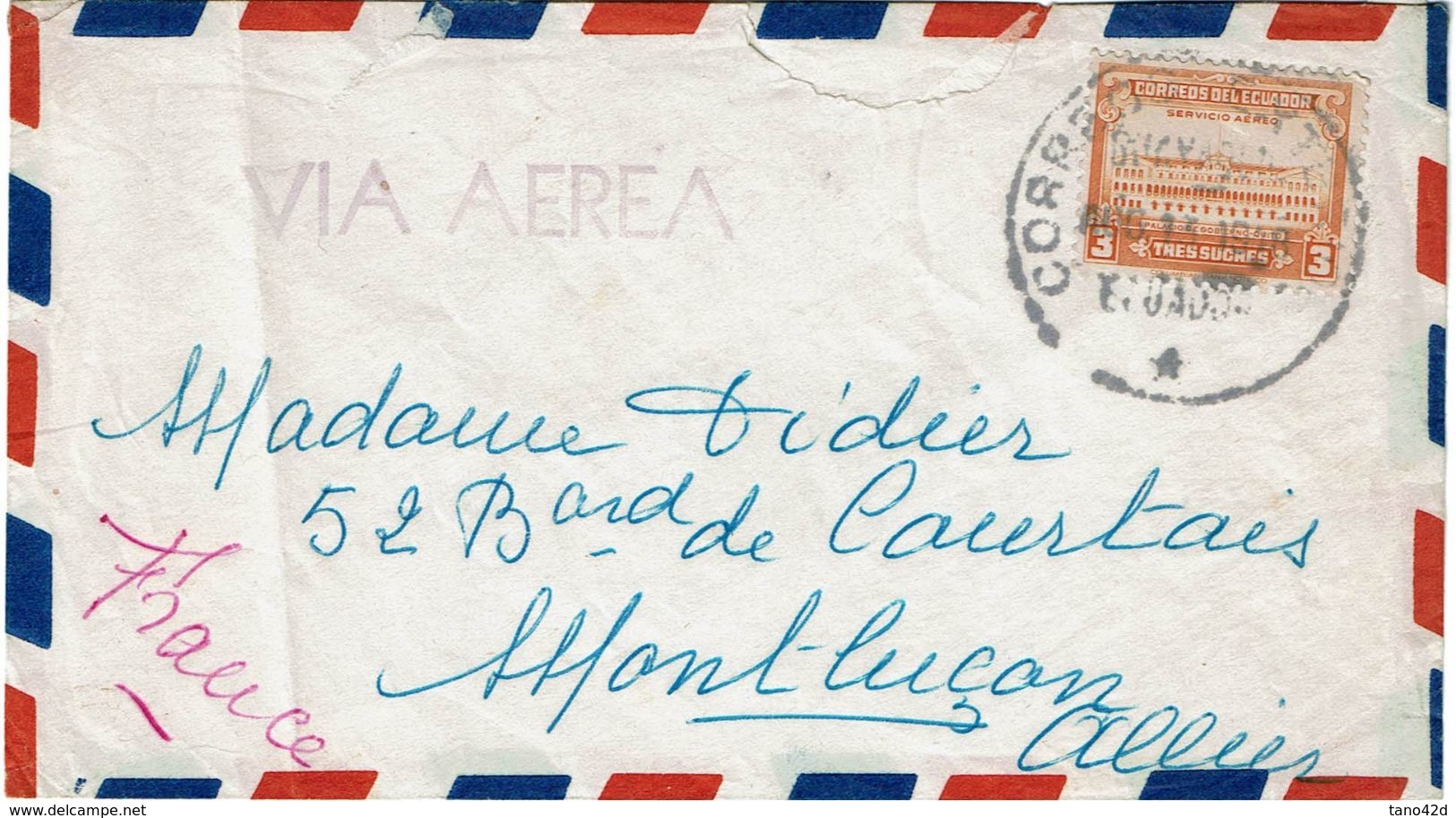 CTN38 - EQUATEUR LETTRE AVION QUITO / MONTLUCON 13/8/1948 - Equateur