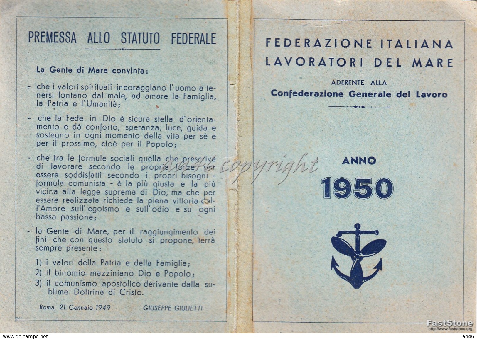 TESSERA_"FEDERAZIONE ITALIANA LAVORATORI DEL MARE" _ANNO 1950--BUONA CONSERVAZIONE_ORIGINALE 100%- - Publicidad