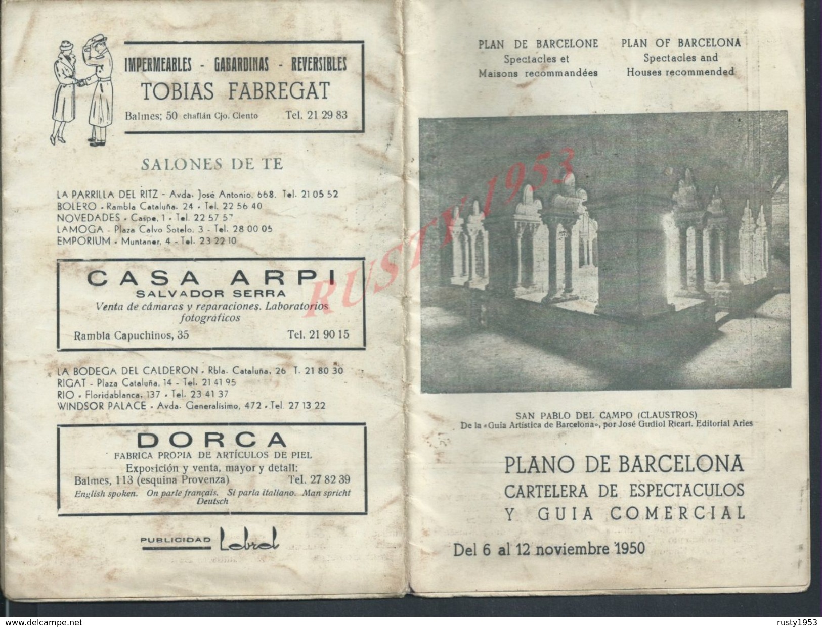 ESPAGNE ANCIEN PLAN DE BARCELONE 1950 AVEC DIVERS ENSEIGNES PUBLICITAIRES : - Espagne