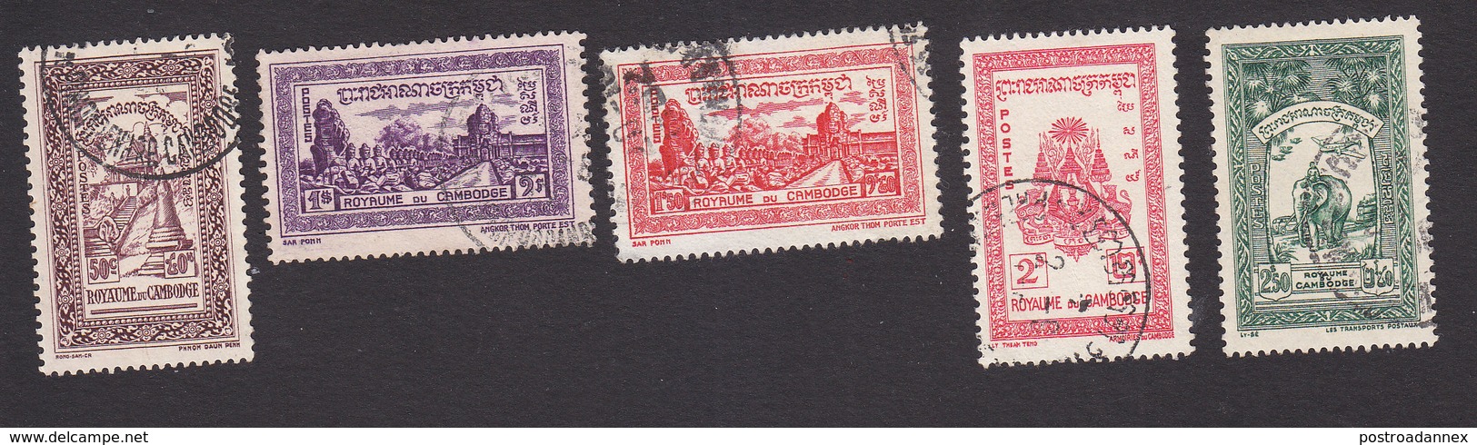 Cambodia, Scott #22, 24-27, Used, Phnom Daun Penh, East Gate Angkor, Arms, Elephant, Issued 1954 - Cambodja