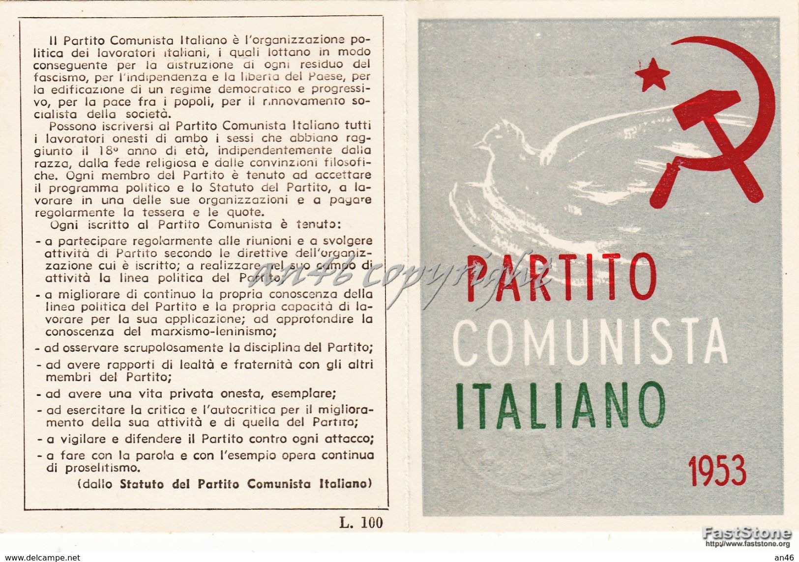 TESSERA_PARTITO COMUNISTA ITALIANO 1953_FALCE E MARTELLO-ORIGINALE 100% - Pubblicitari