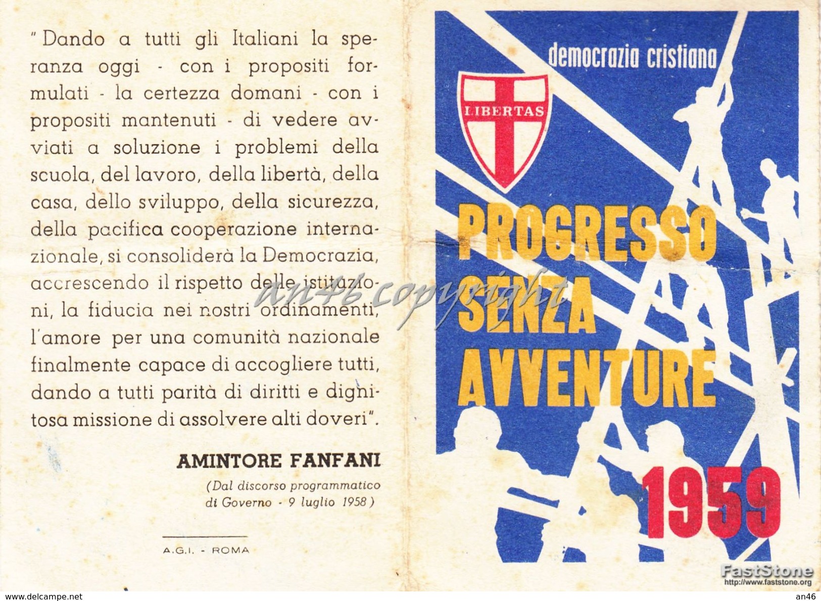 TESSERA_PARTITO DEMOCRAZIA CRISTIANA ANNO 1959_LIBERTAS_PROGRESSO SENZA AVVENTURE-ORIGINALE 100% - Advertising